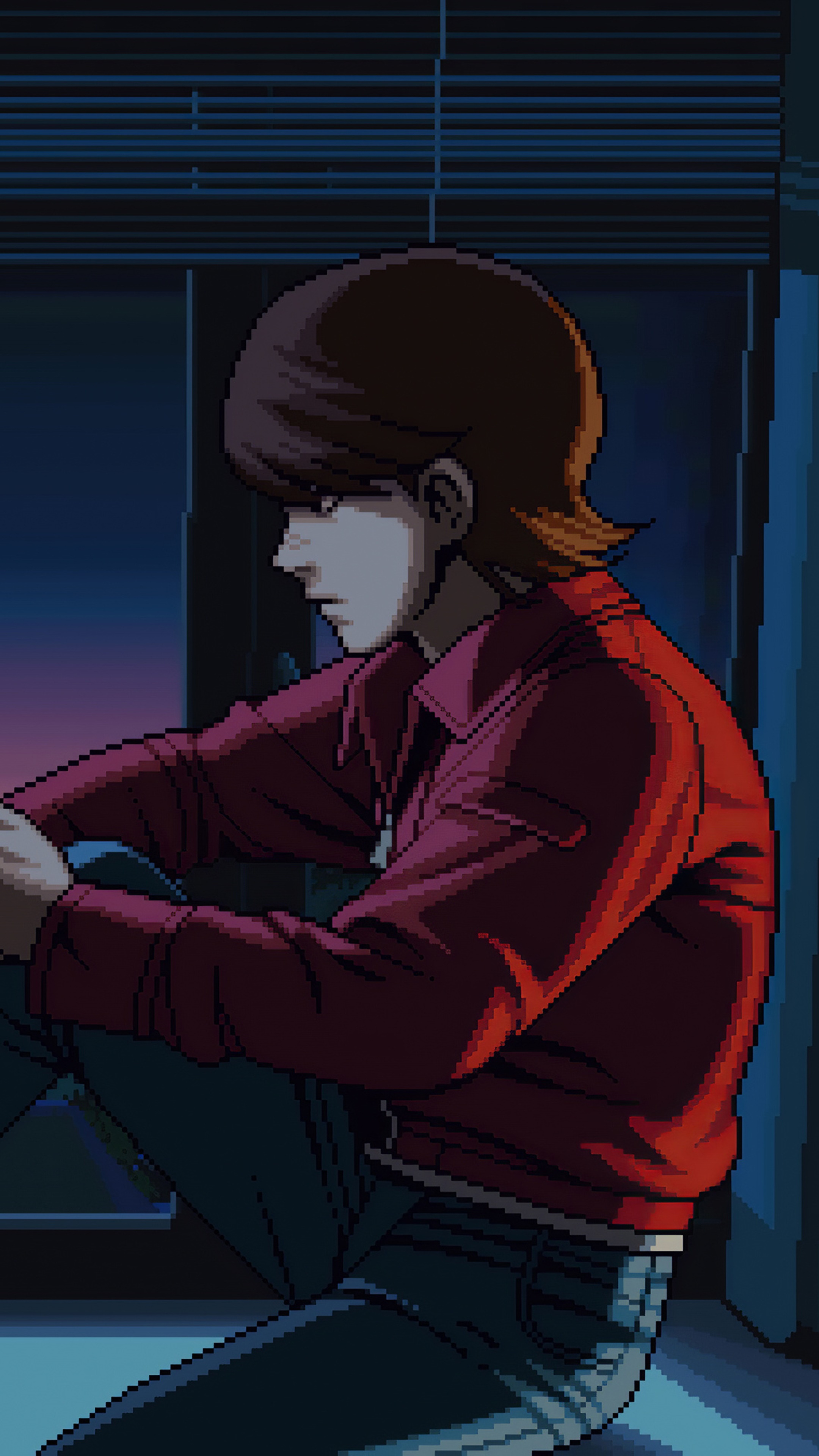 Pixel art of a person sitting by a window HD Phone Wallpaper