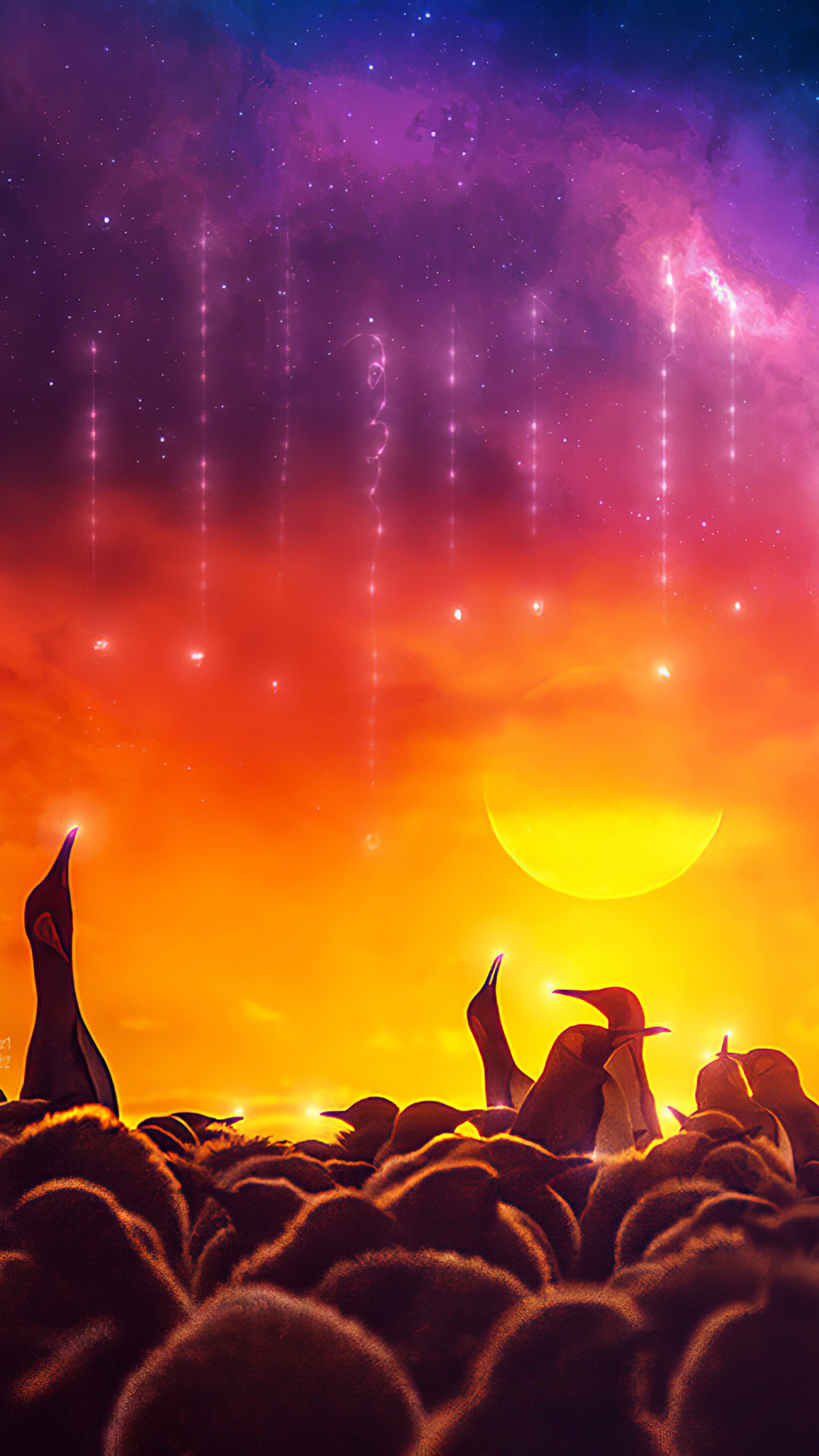 Penguins looking up at a colorful nebula and moon HD Phone Wallpaper