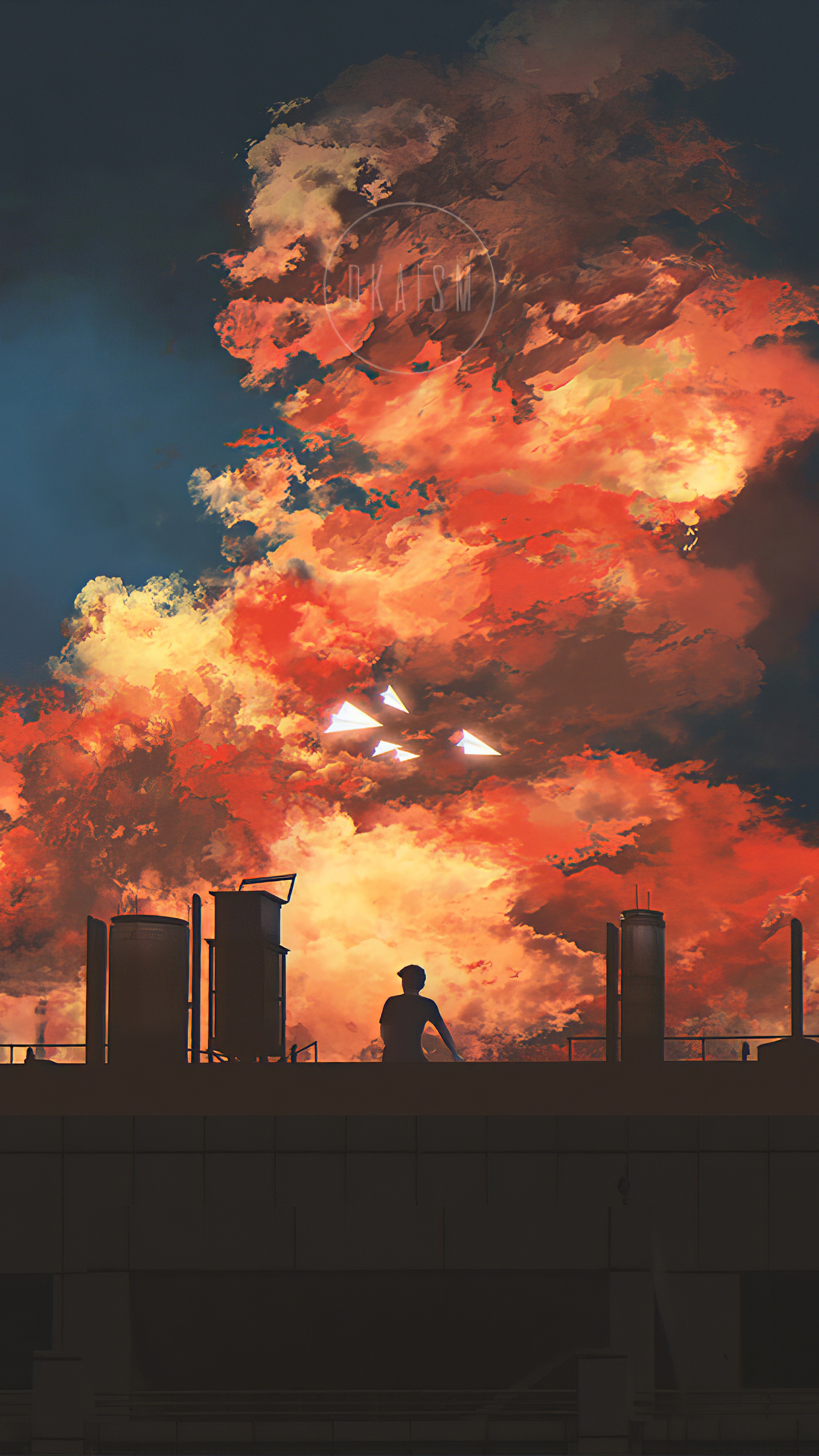Silhouette of a person on a rooftop against a dramatic sky HD Phone Wallpaper