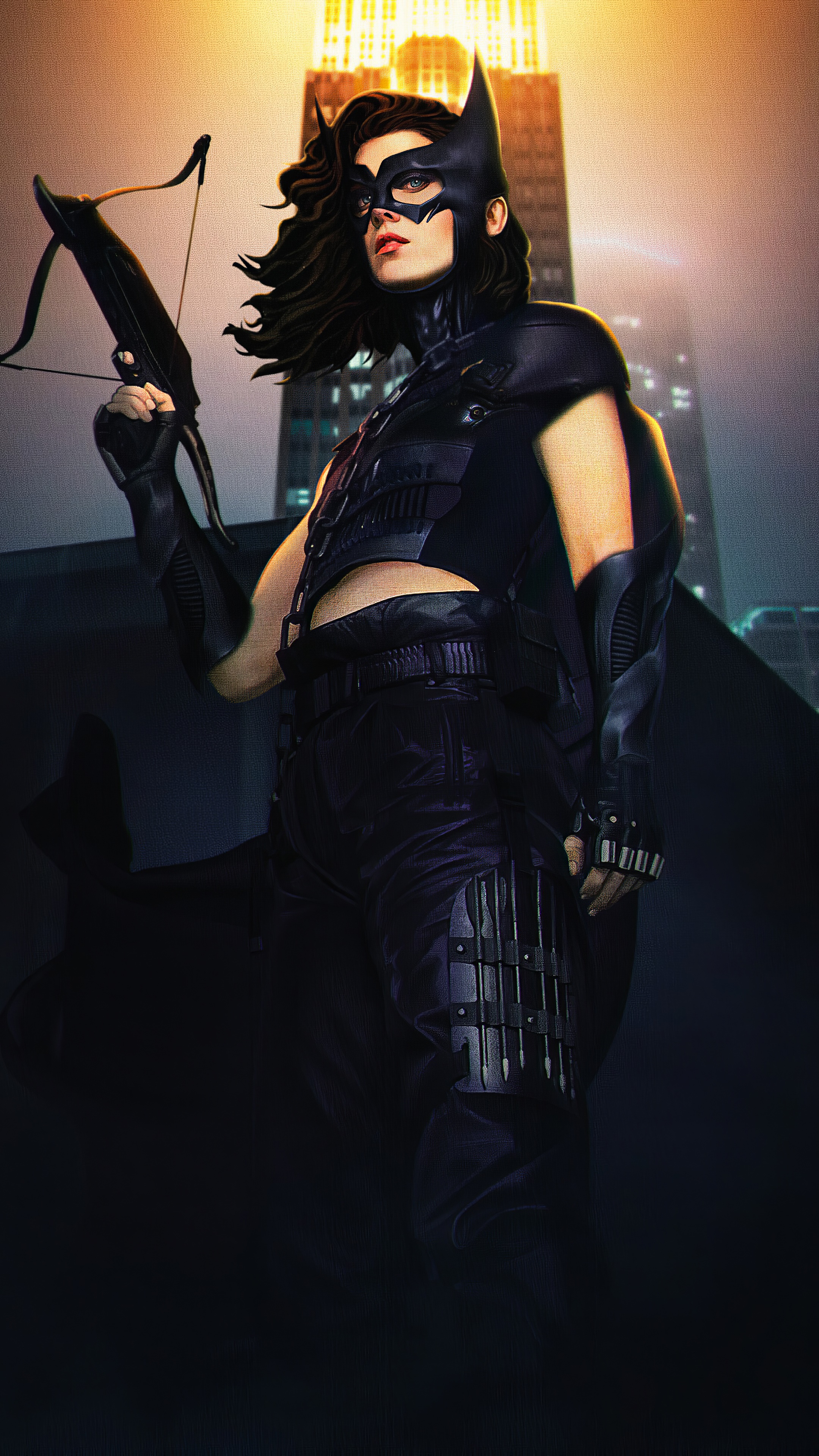 Huntress with a crossbow in New York City HD Phone Wallpaper