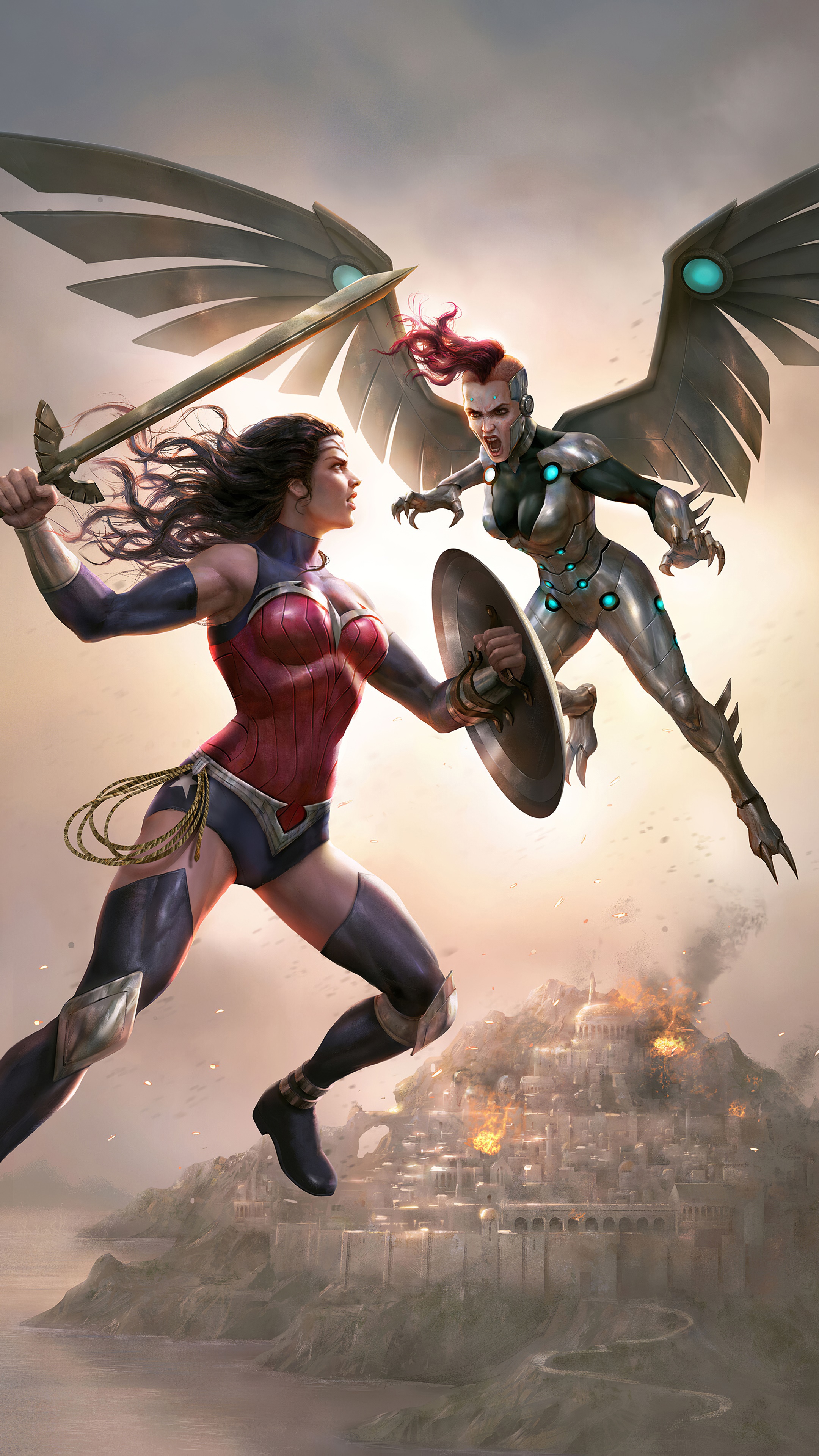 Wonder Woman and Silver Swan fighting over a burning city HD Phone Wallpaper