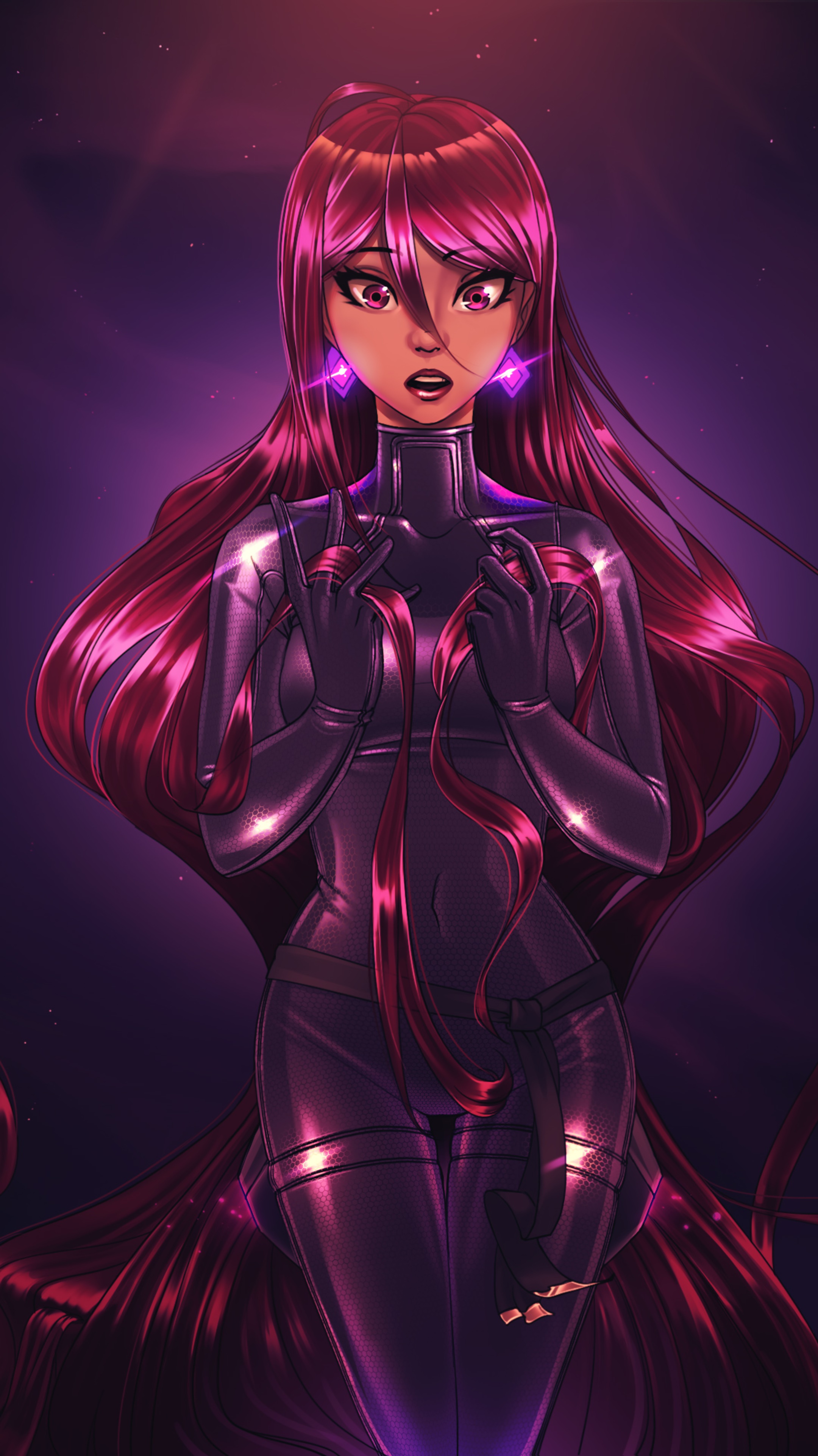 Anime girl with long pink hair in a black suit HD Phone Wallpaper