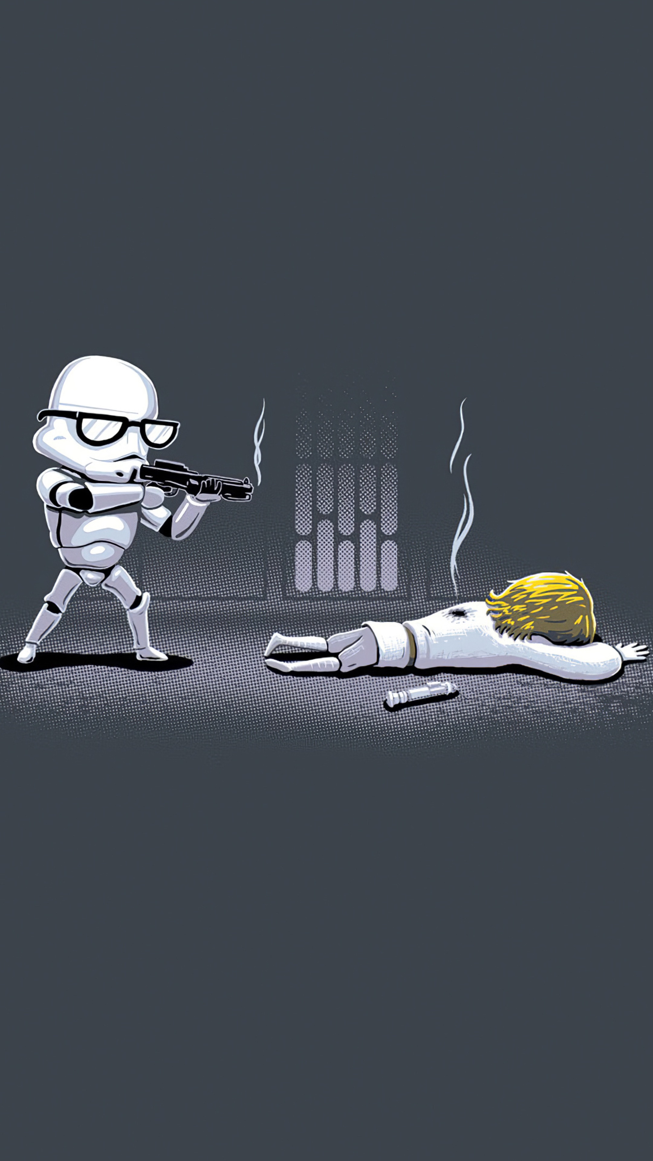 Stormtrooper with glasses aiming at fallen Luke Skywalker from Star Wars HD Phone Wallpaper
