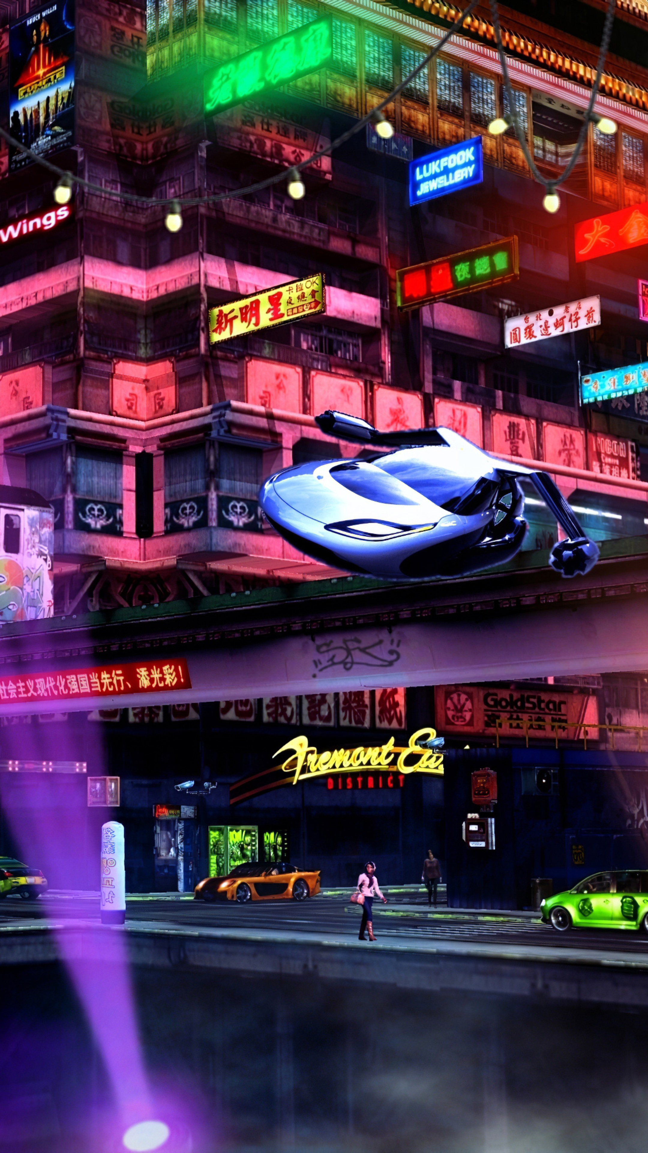 Sci-fi cityscape with flying vehicle and neon signs HD Phone Wallpaper