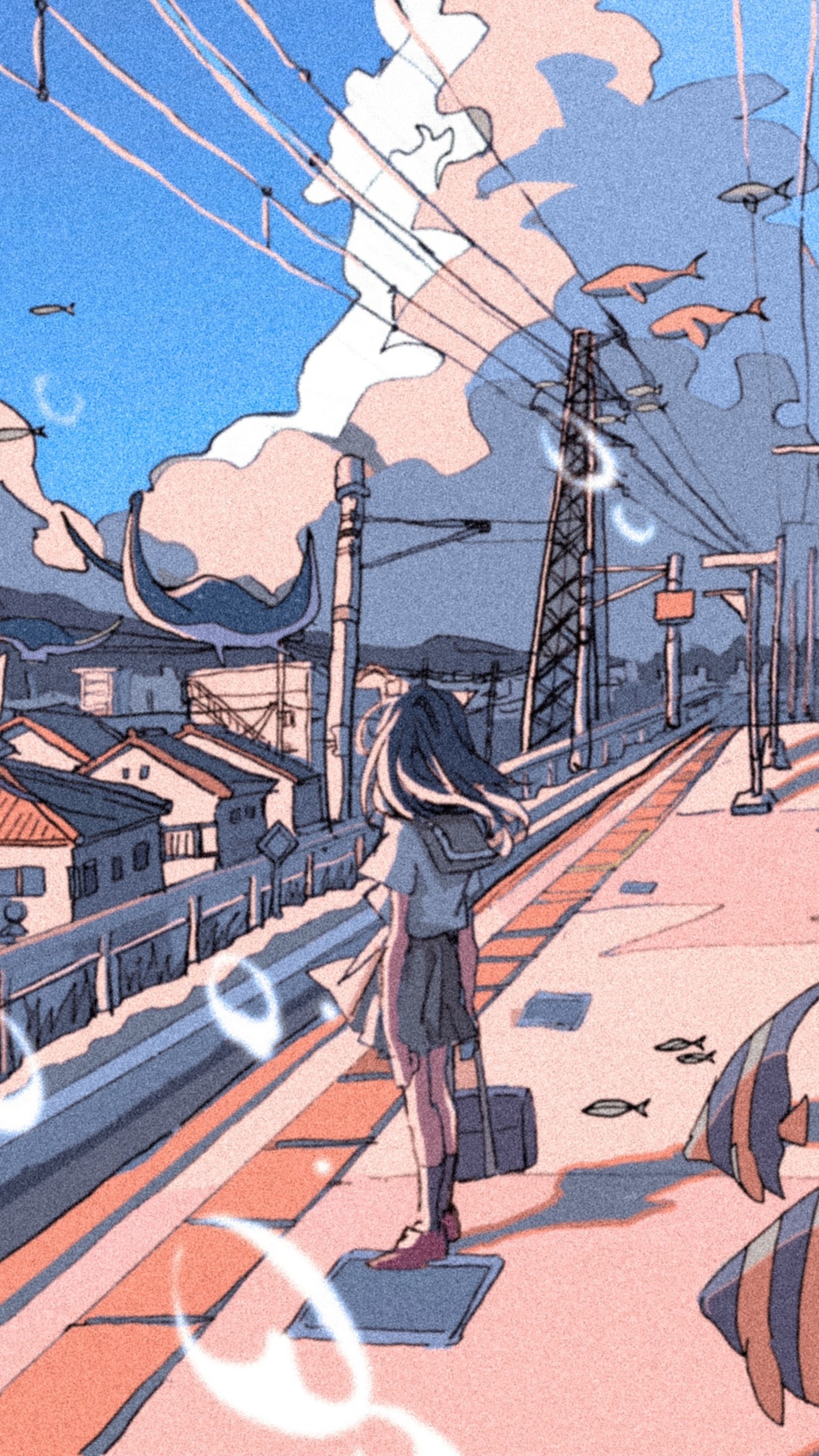 Anime girl at a train station with fish in the sky HD Phone Wallpaper