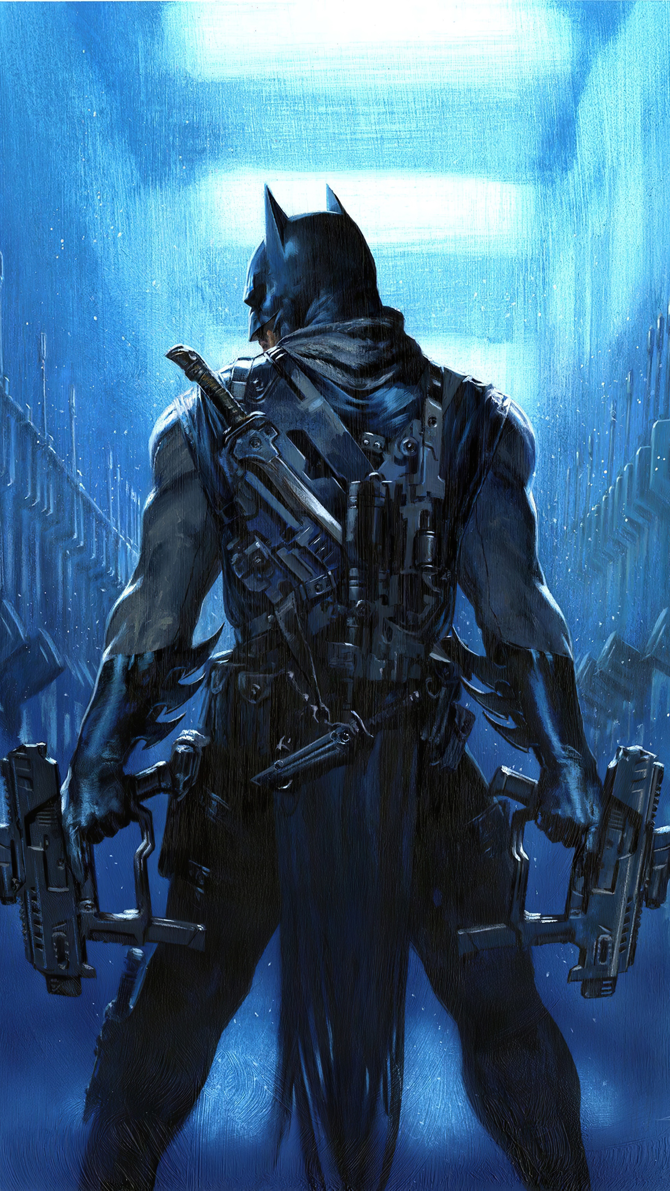 Batman with dual submachine guns and sword HD Phone Wallpaper