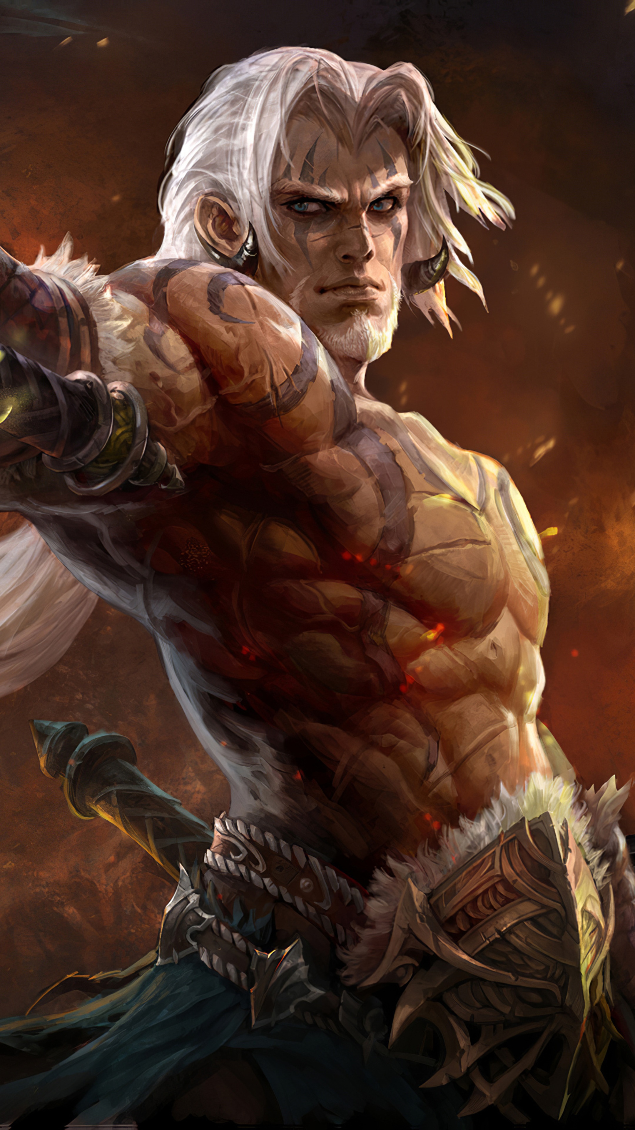 Artwork of a muscular warrior with white hair HD Phone Wallpaper