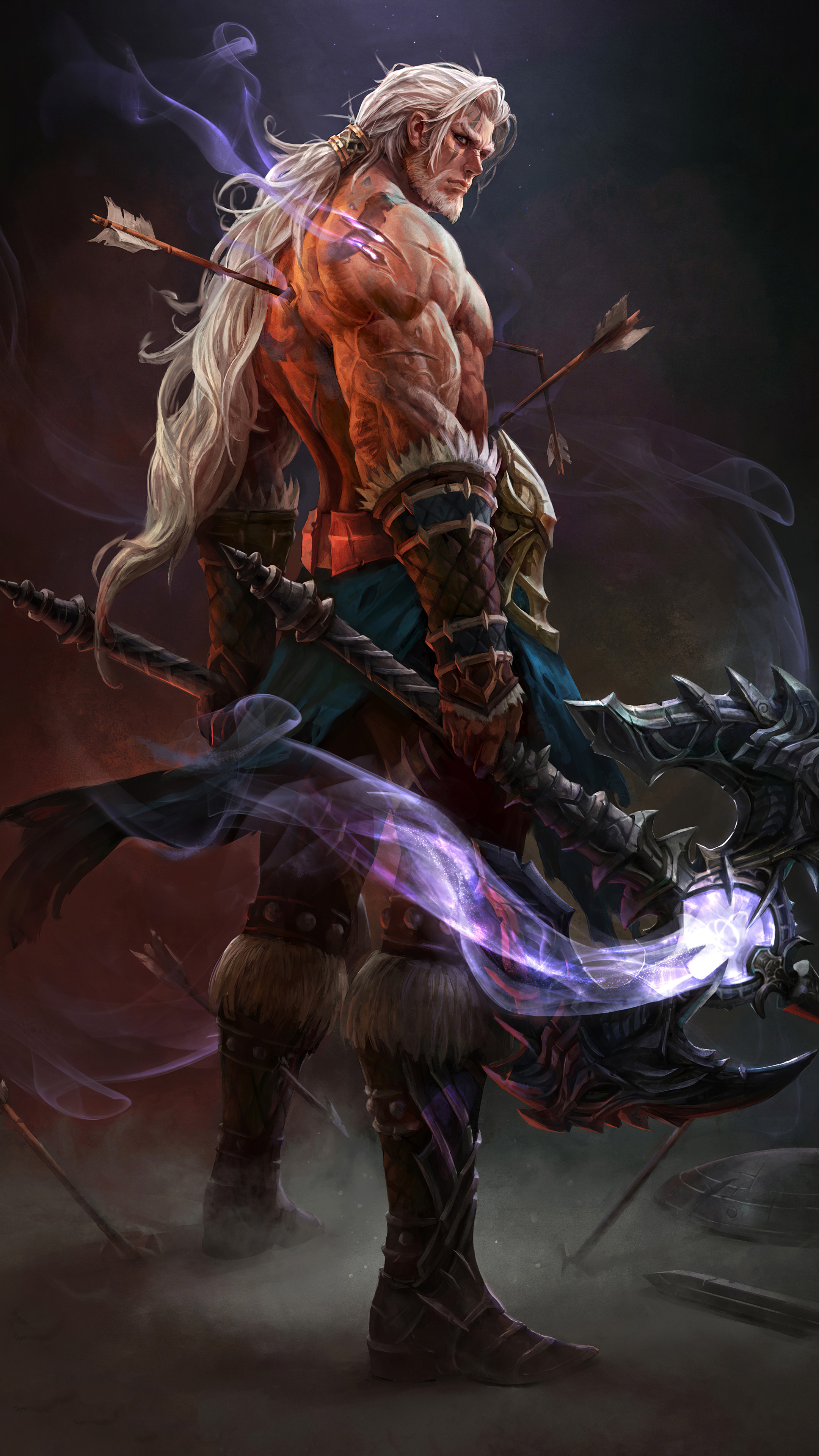 Artwork of a muscular warrior with arrows in his back HD Phone Wallpaper