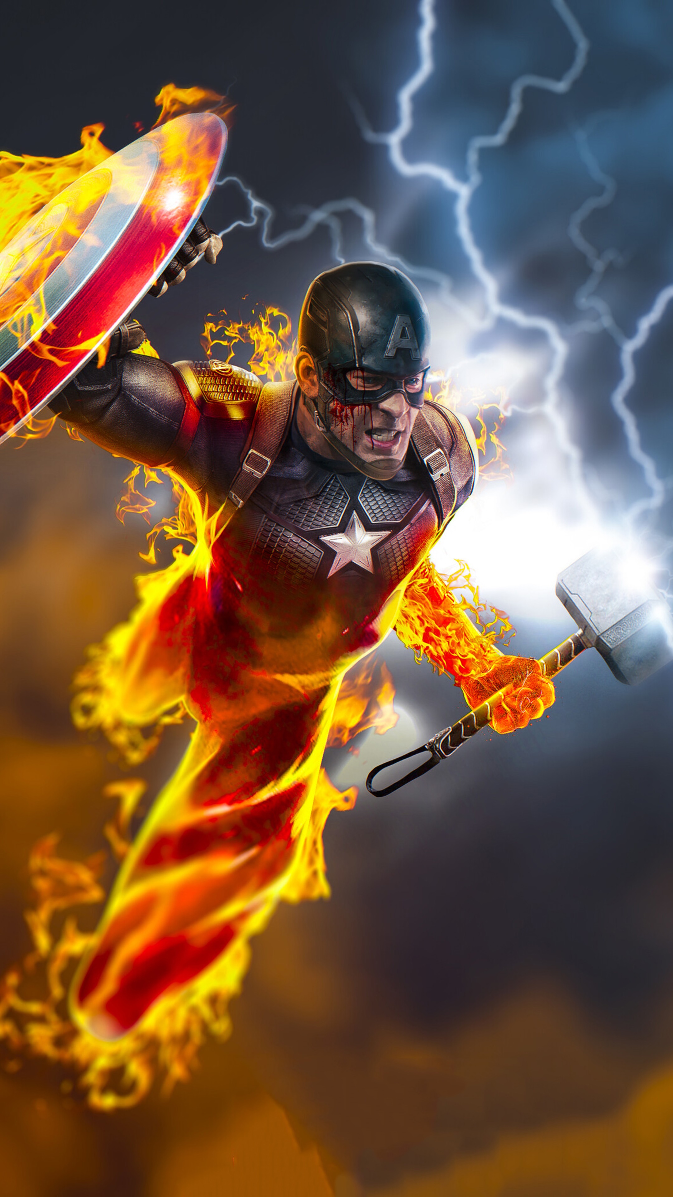 Captain America with Thor's Hammer and Shield HD Phone Wallpaper