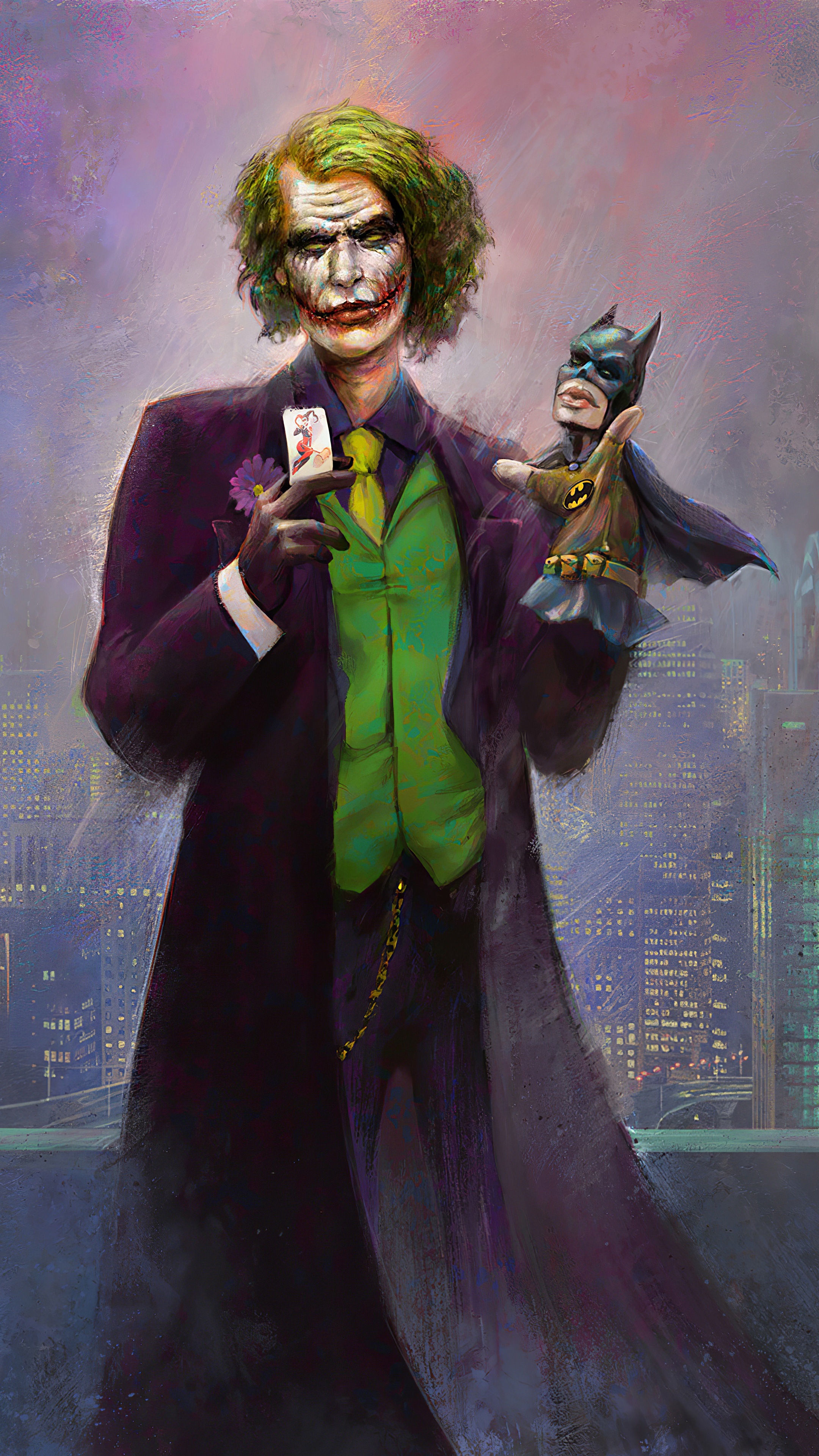 Joker holding Batman puppet from artwork HD Phone Wallpaper