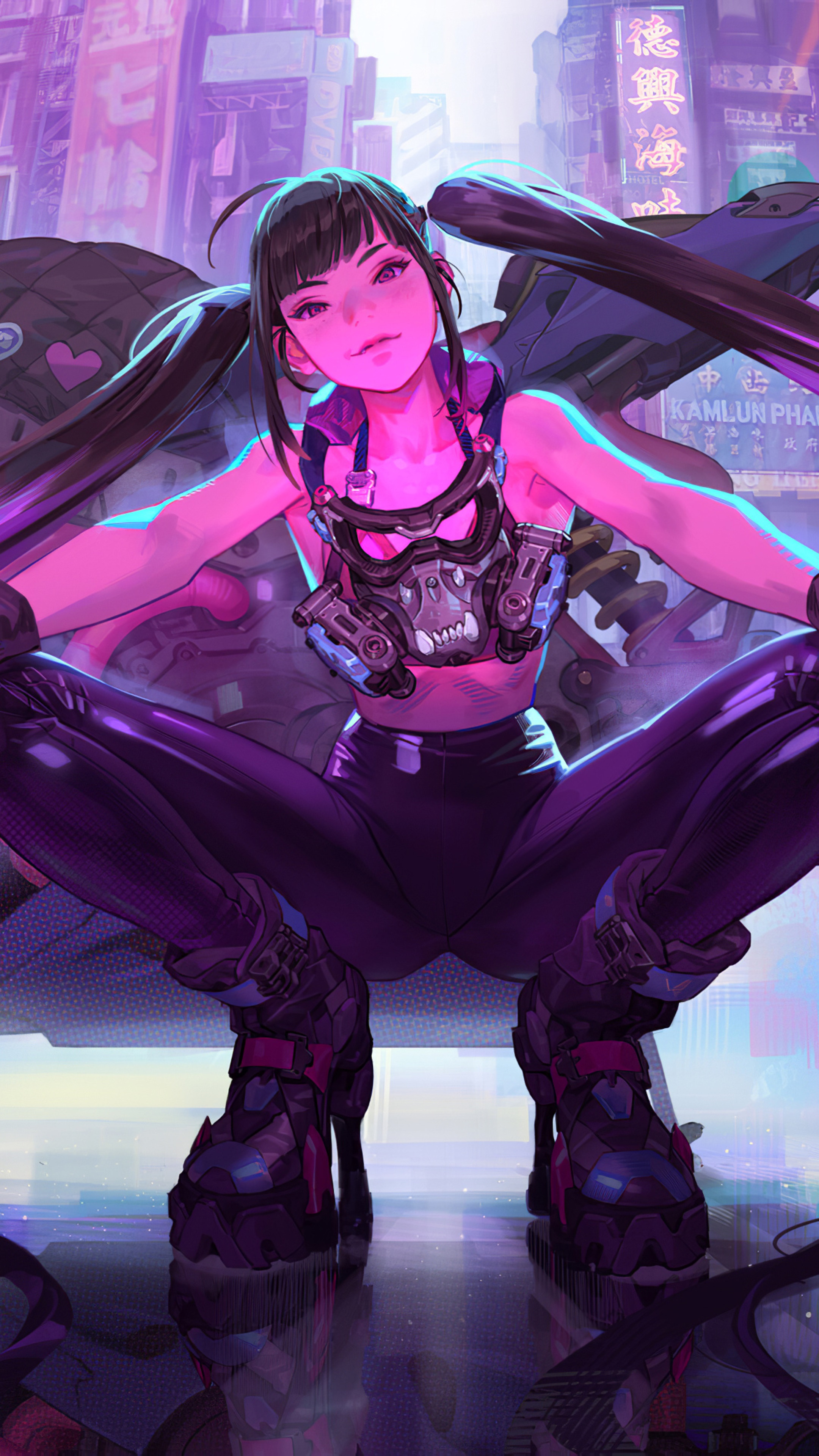 Girl with pigtails and gas mask in cyberpunk city HD Phone Wallpaper