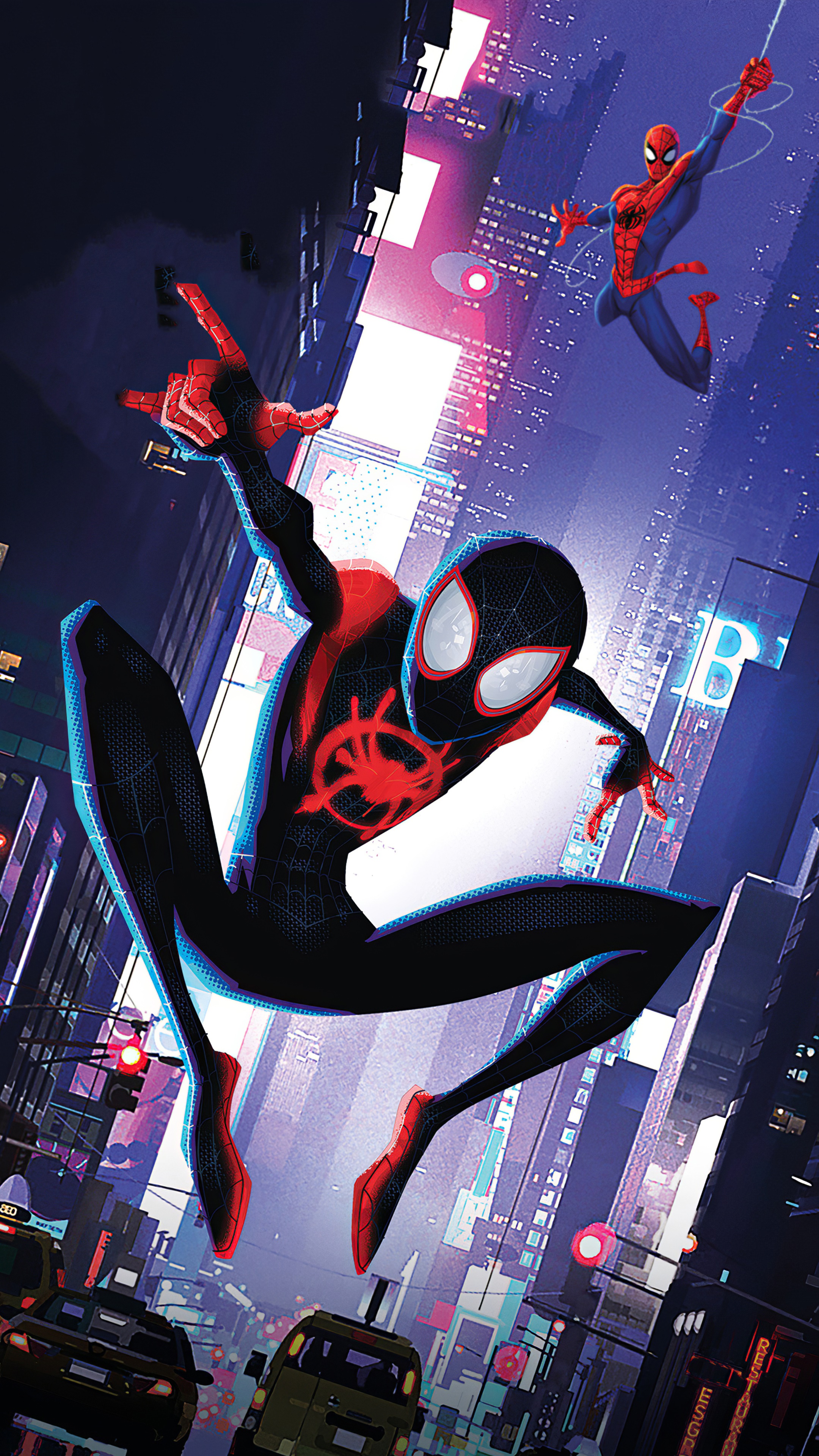 Miles Morales and Spider-Man in a City HD Phone Wallpaper