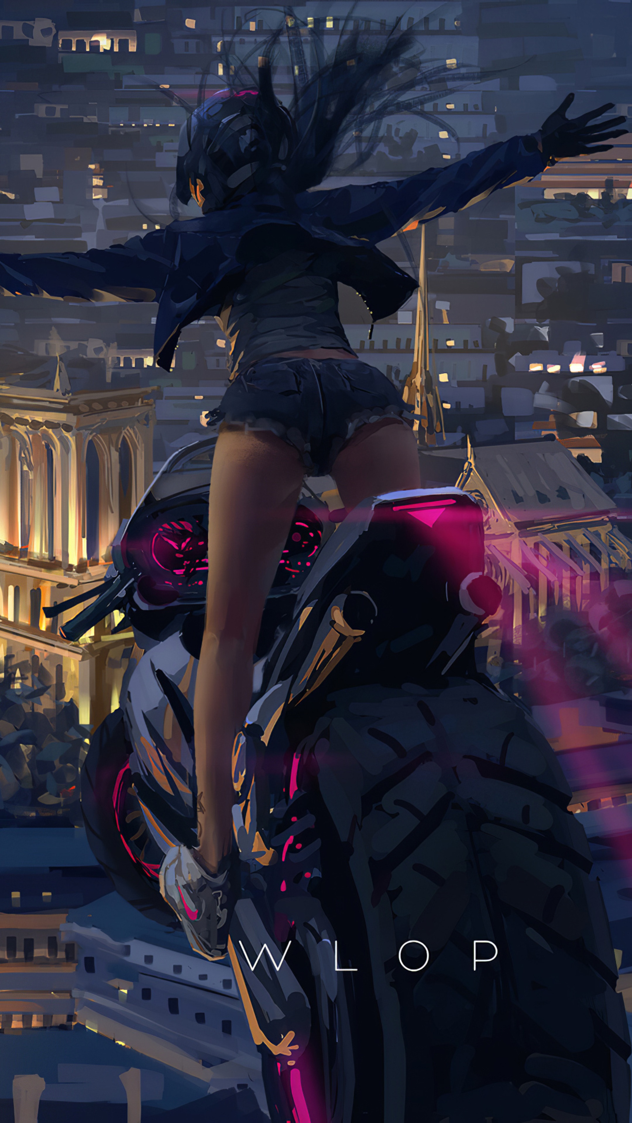 Girl on a motorcycle in a city at night HD Phone Wallpaper