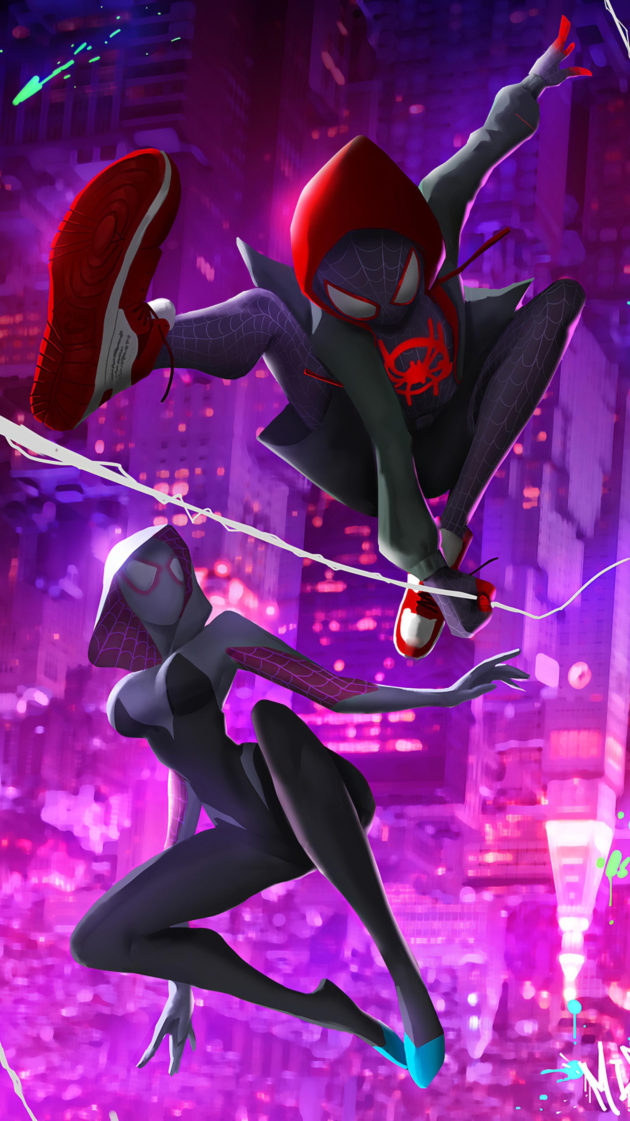 Spider-Man and Spider-Gwen swinging through a neon city HD Phone Wallpaper