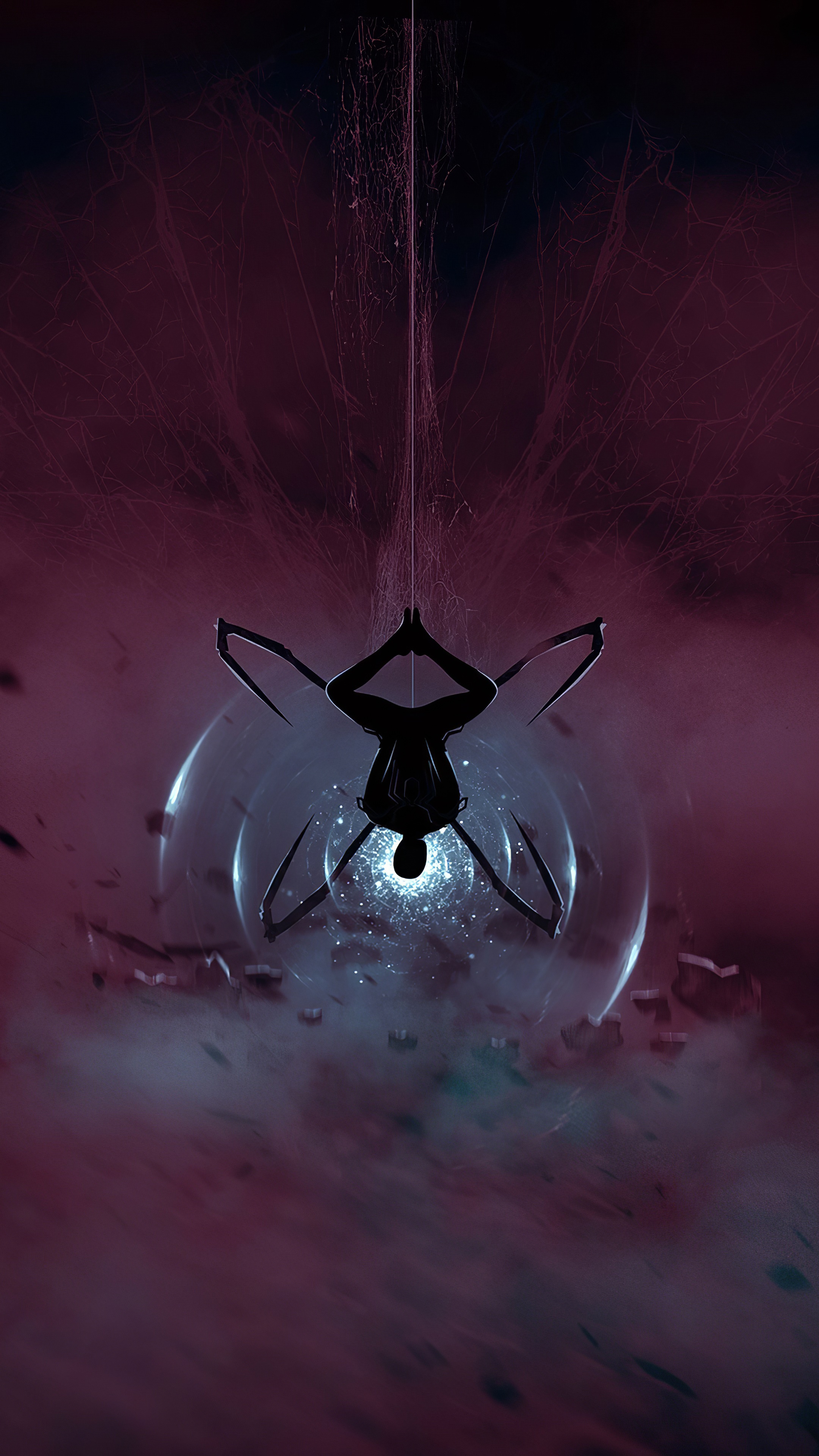 Spider-Man hanging from web in front of glowing portal HD Phone Wallpaper