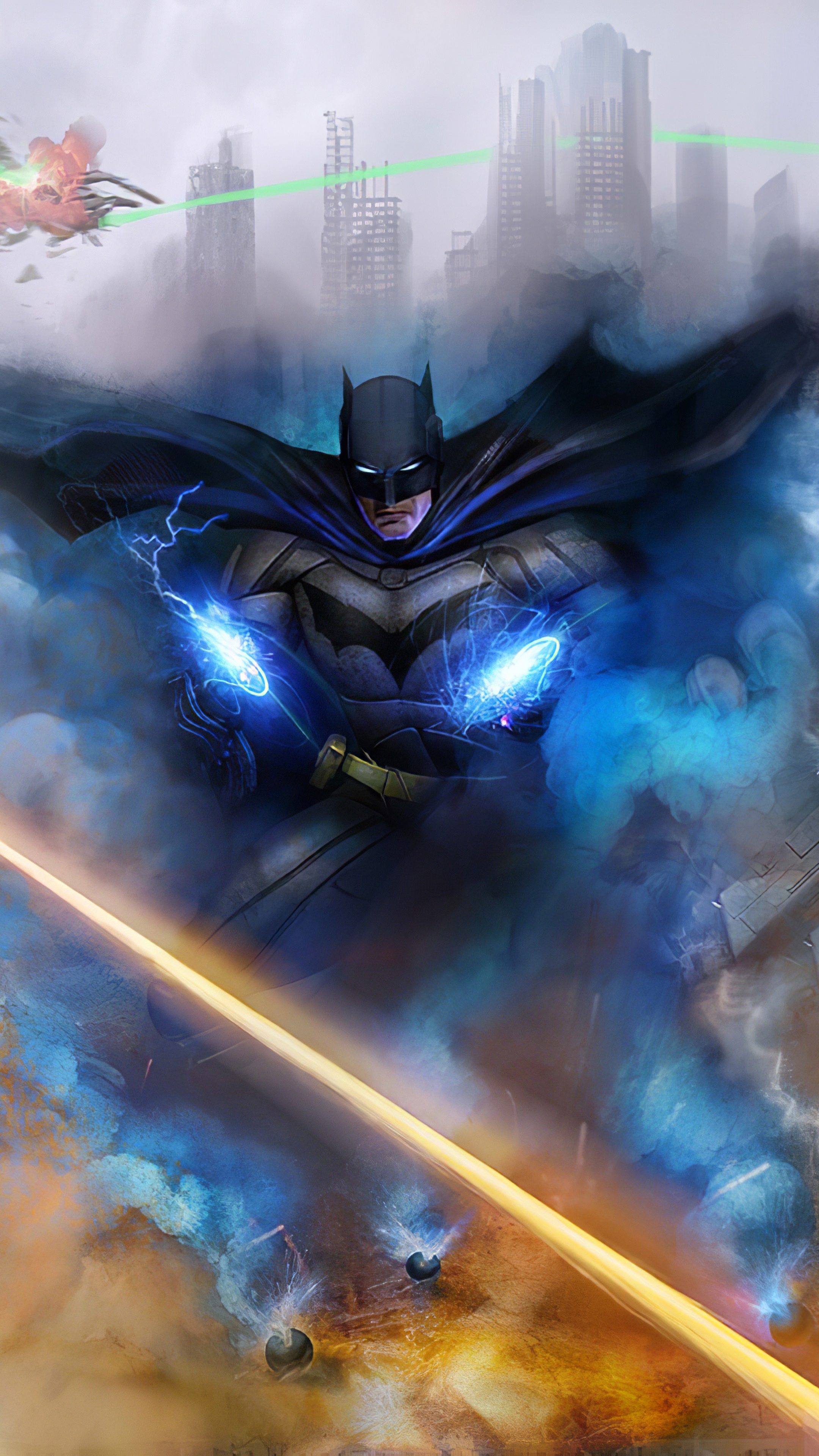 Batman using lightning powers in a ruined city HD Phone Wallpaper