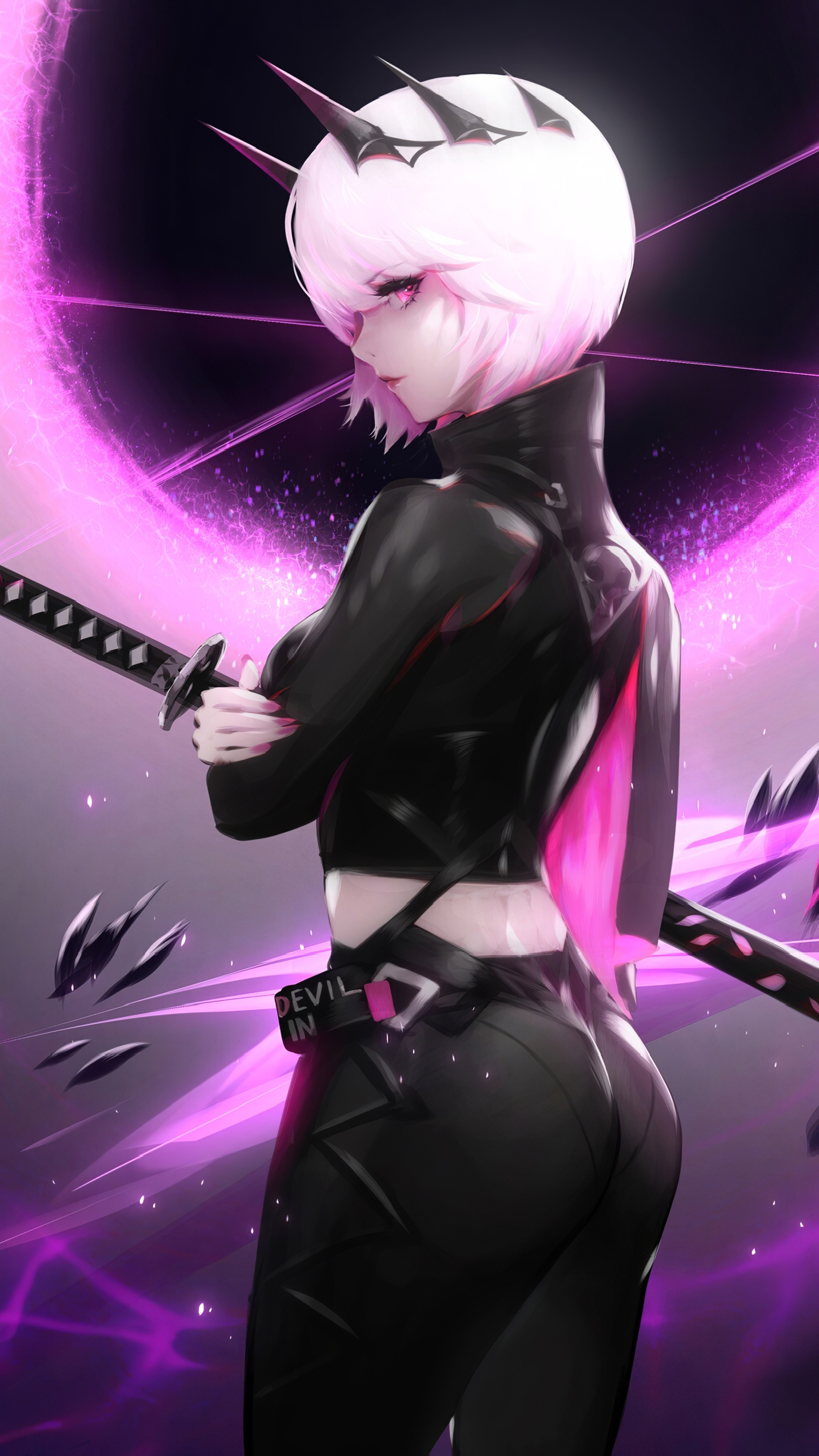 Anime girl with pink hair and sword HD Phone Wallpaper