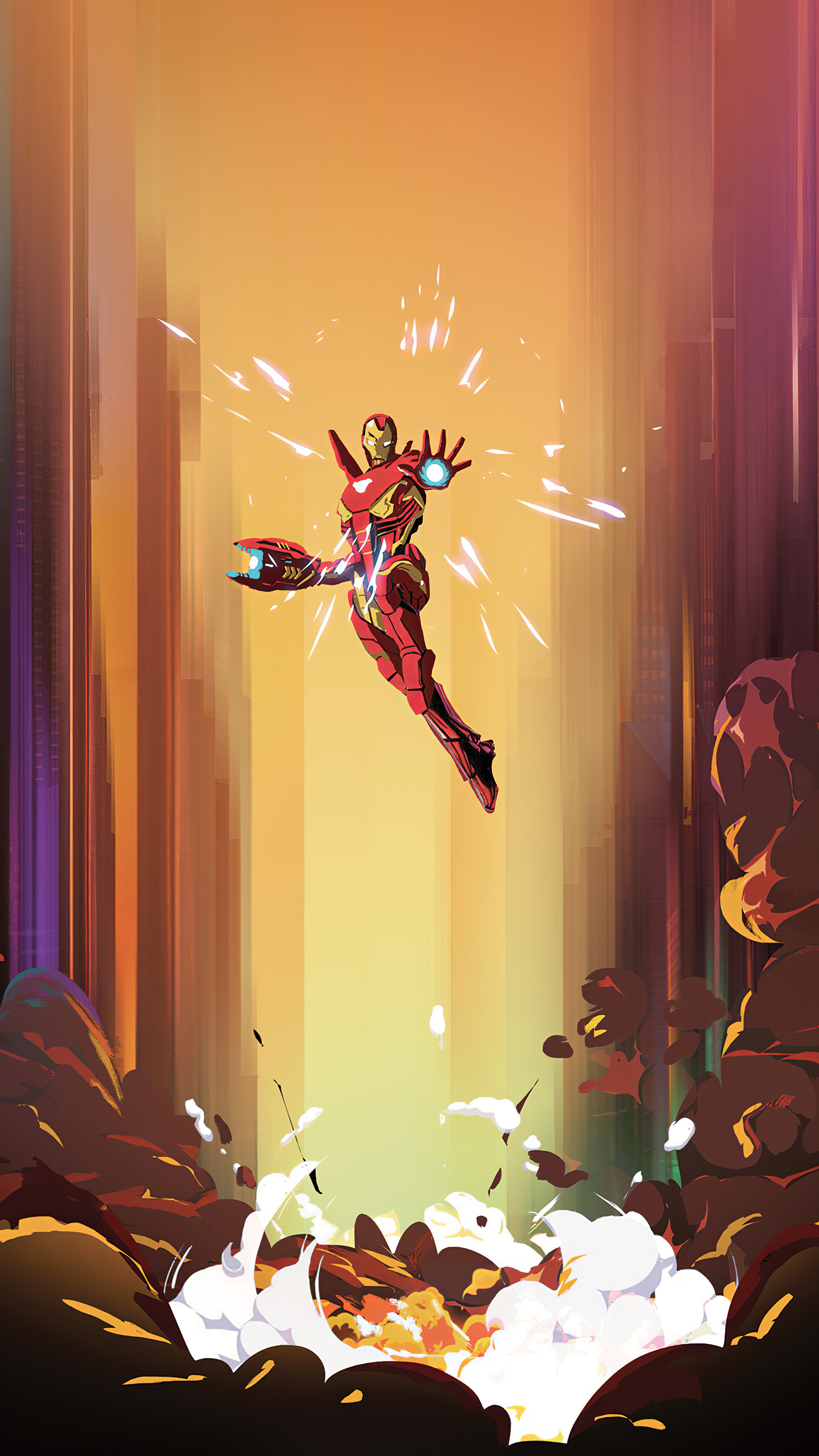 Iron Man in action with explosions HD Phone Wallpaper