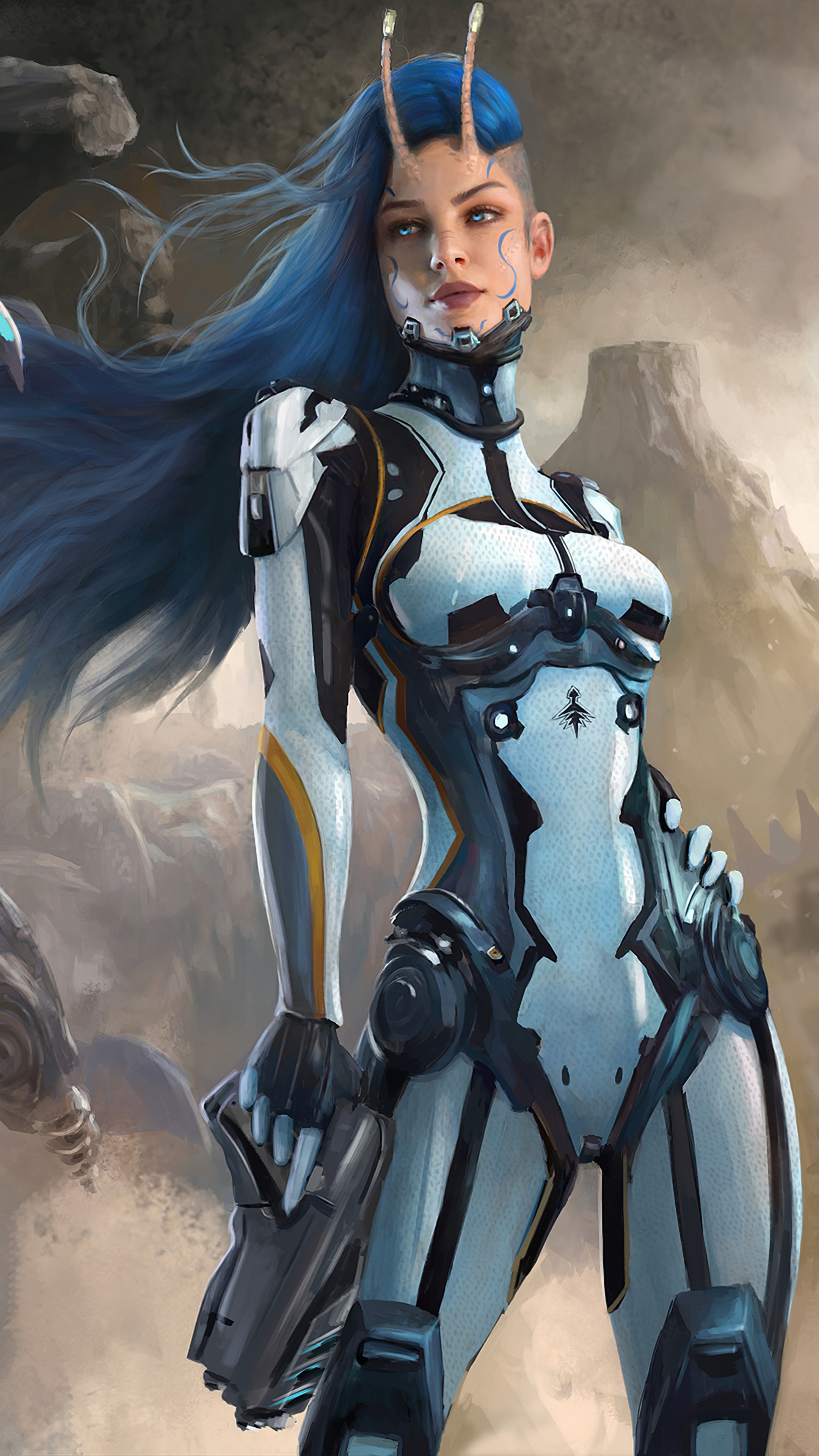 Artwork of a cyborg woman with blue hair HD Phone Wallpaper