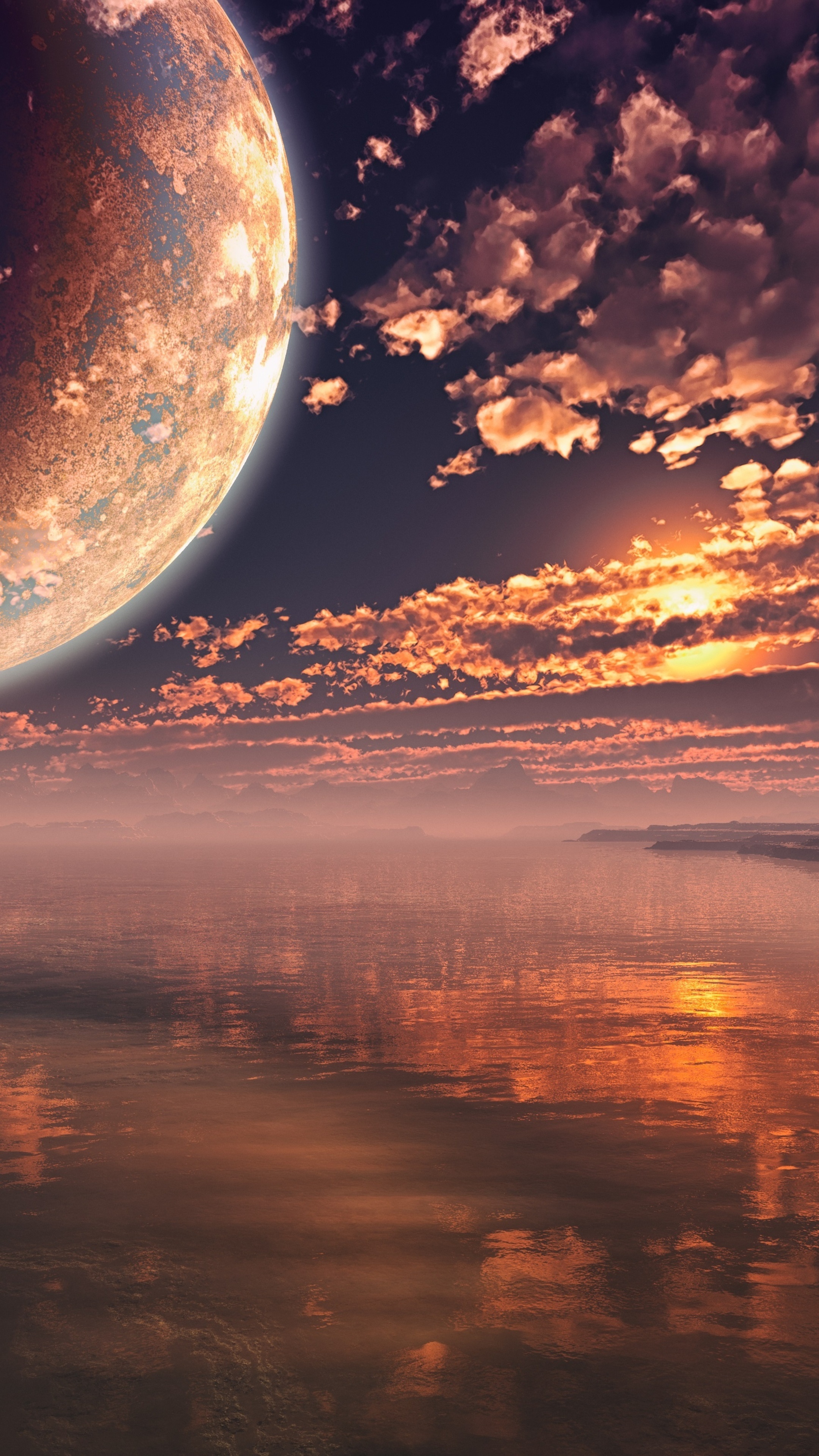 Alien planet with moon over water at sunset HD Phone Wallpaper