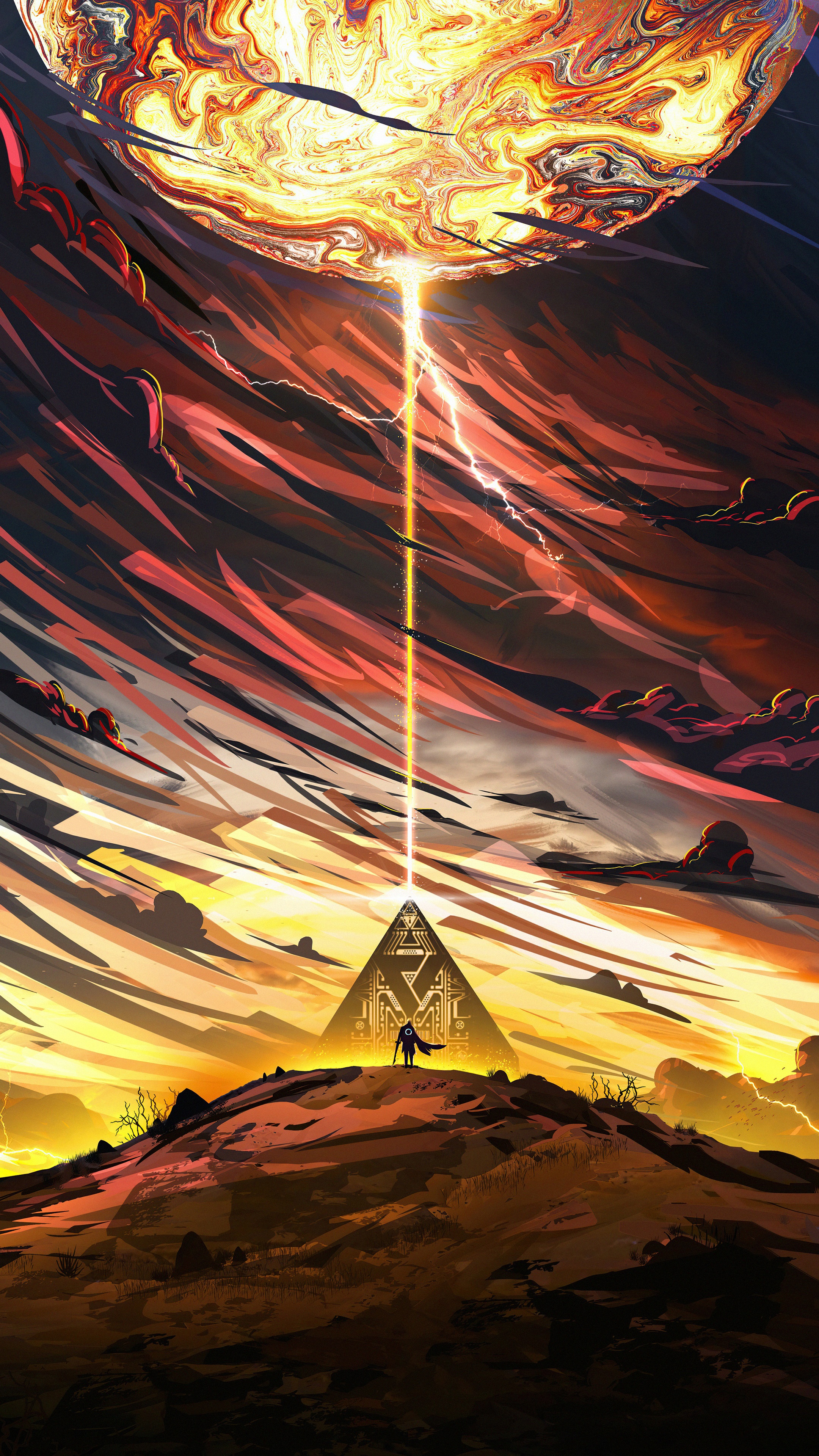 Pyramid with beam of light and person HD Phone Wallpaper