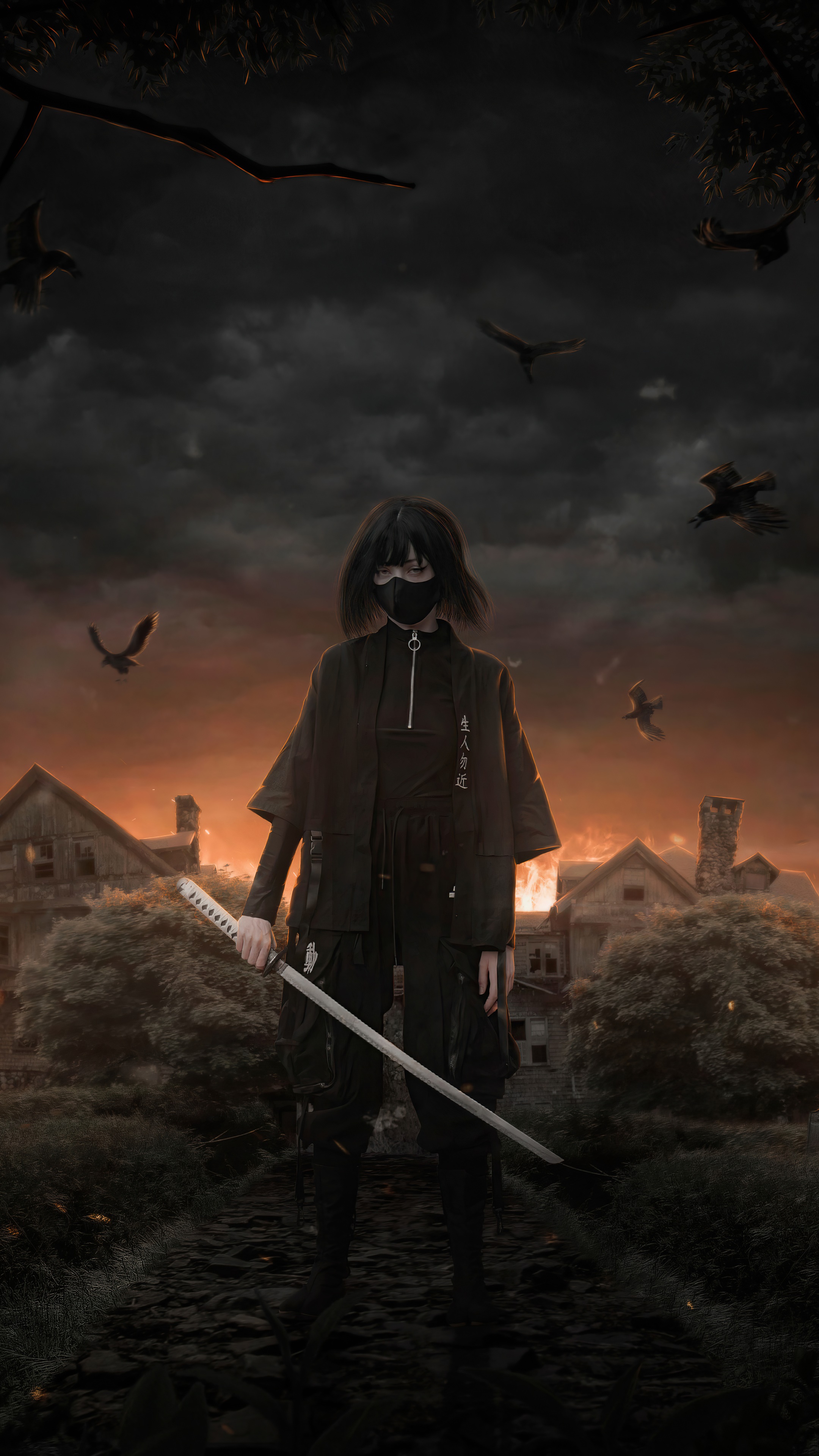 Samurai with katana in a ruined village HD Phone Wallpaper