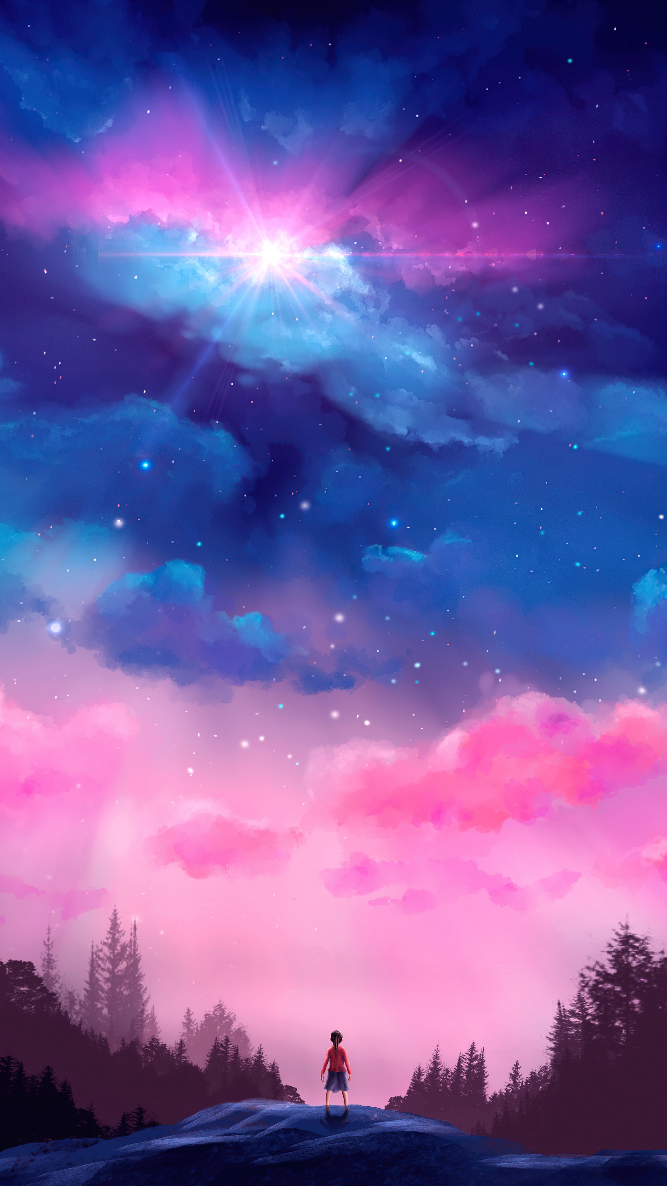 A lone figure gazes at a vibrant nebula sky HD Phone Wallpaper