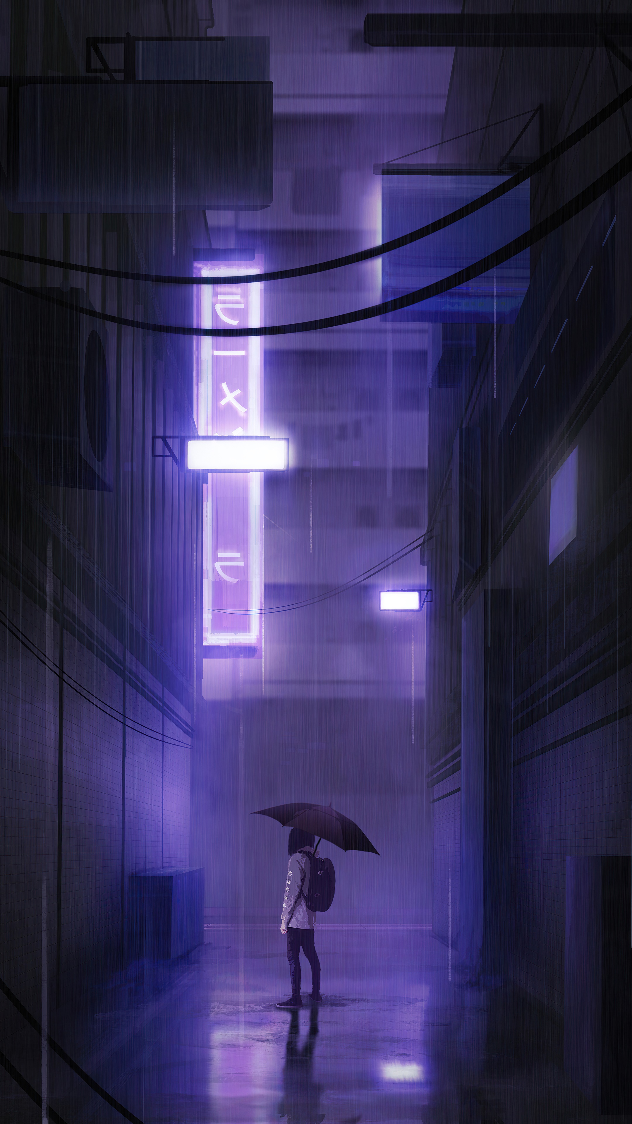 Person with umbrella in rainy alley with neon signs HD Phone Wallpaper