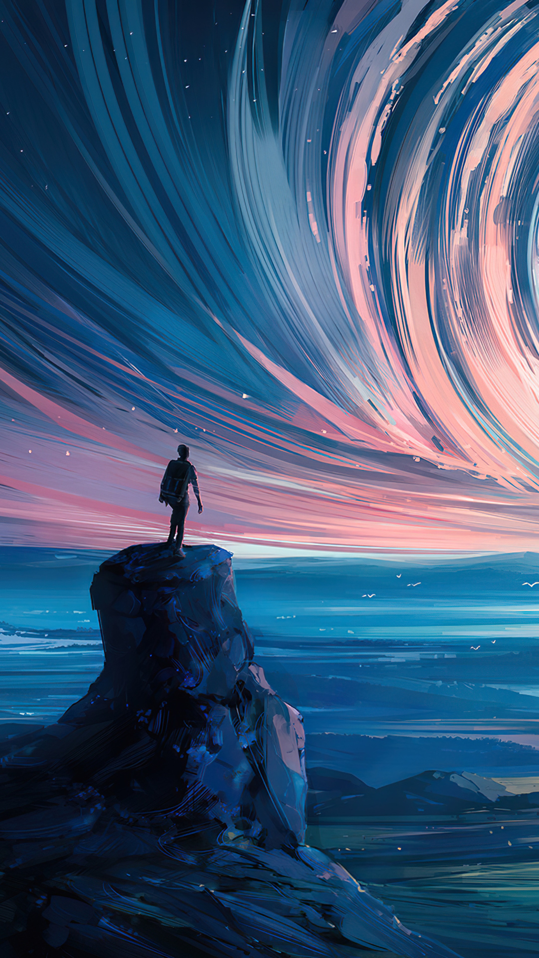Man on cliff overlooking swirling sky HD Phone Wallpaper