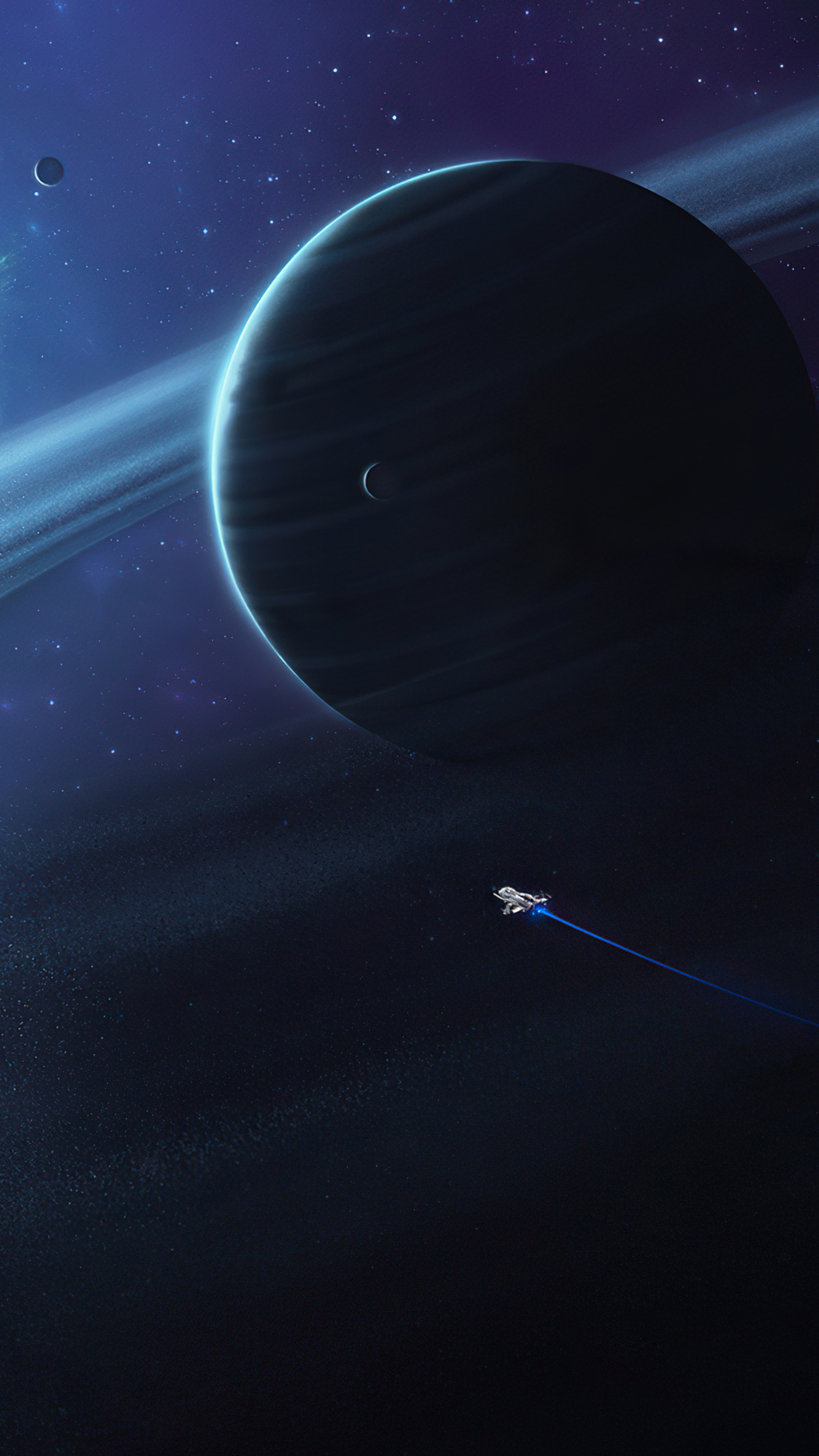 Digital art of a spaceship near a ringed planet HD Phone Wallpaper