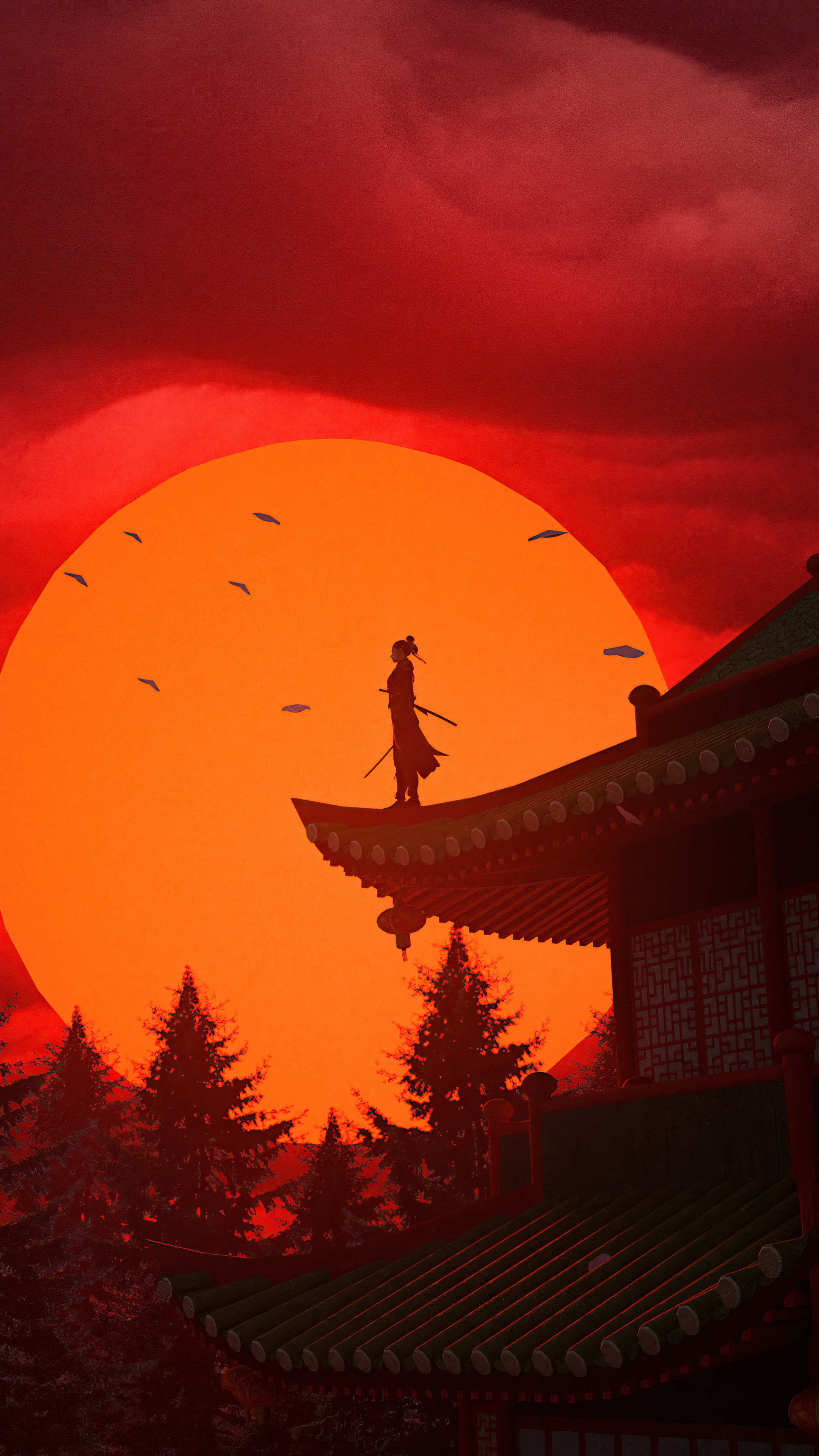 Samurai warrior on a temple roof at sunset HD Phone Wallpaper