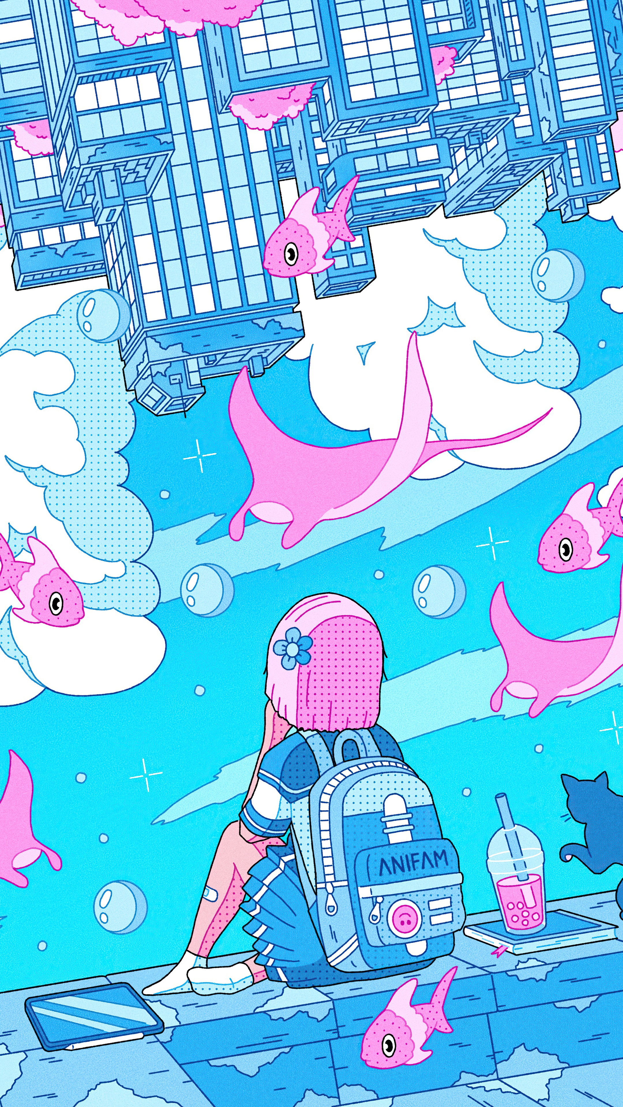 Girl with backpack and flying fish HD Phone Wallpaper