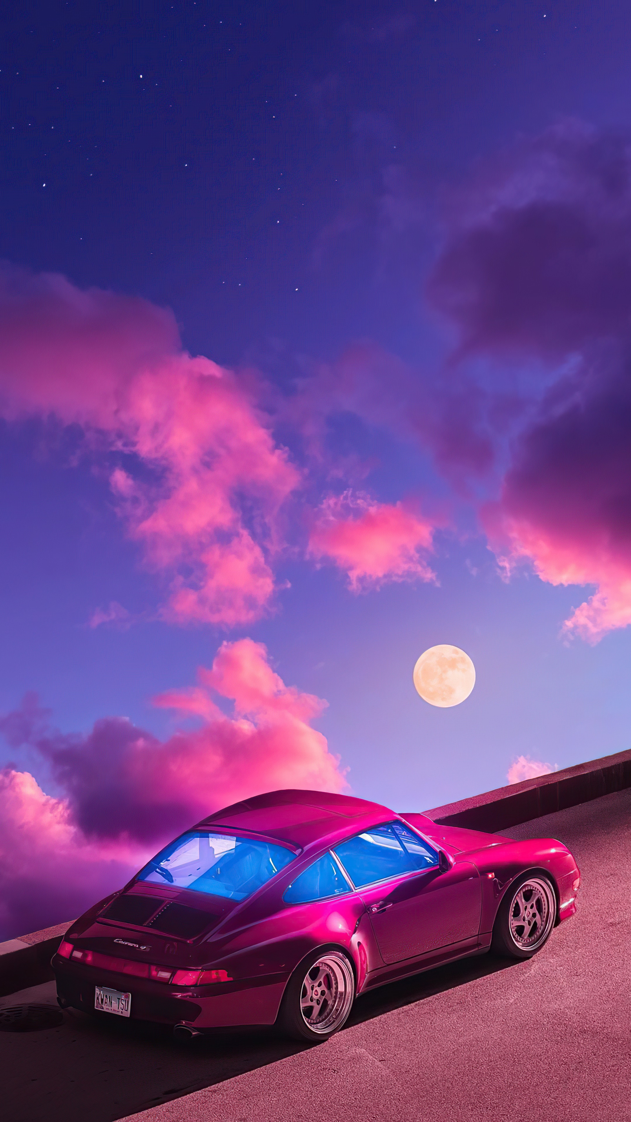 Pink Porsche 911 on a road under a synthwave sky HD Phone Wallpaper