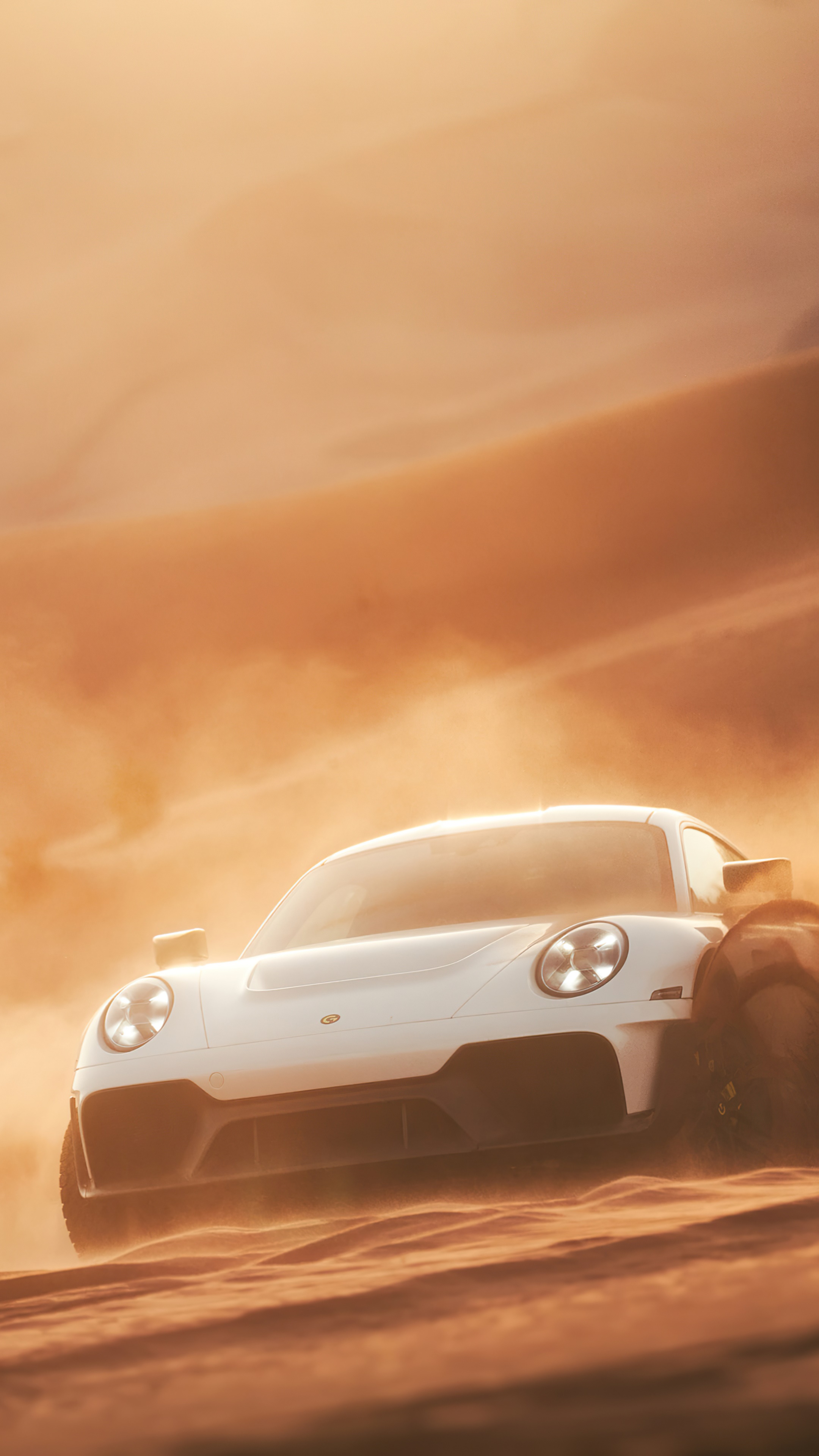 White Porsche 911 driving through desert sand dunes HD Phone Wallpaper