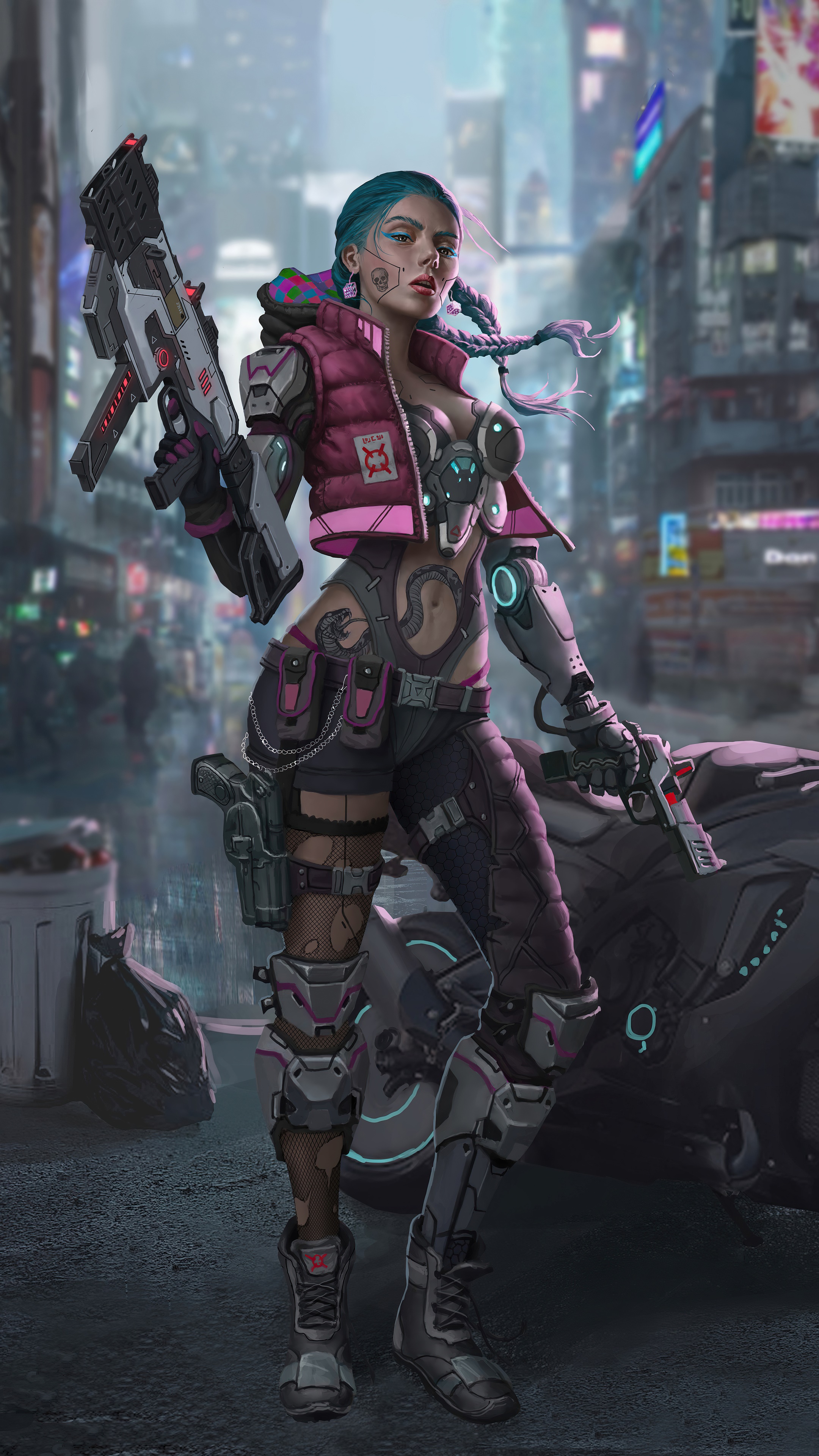 Cyberpunk woman with rifle and pistol in city HD Phone Wallpaper