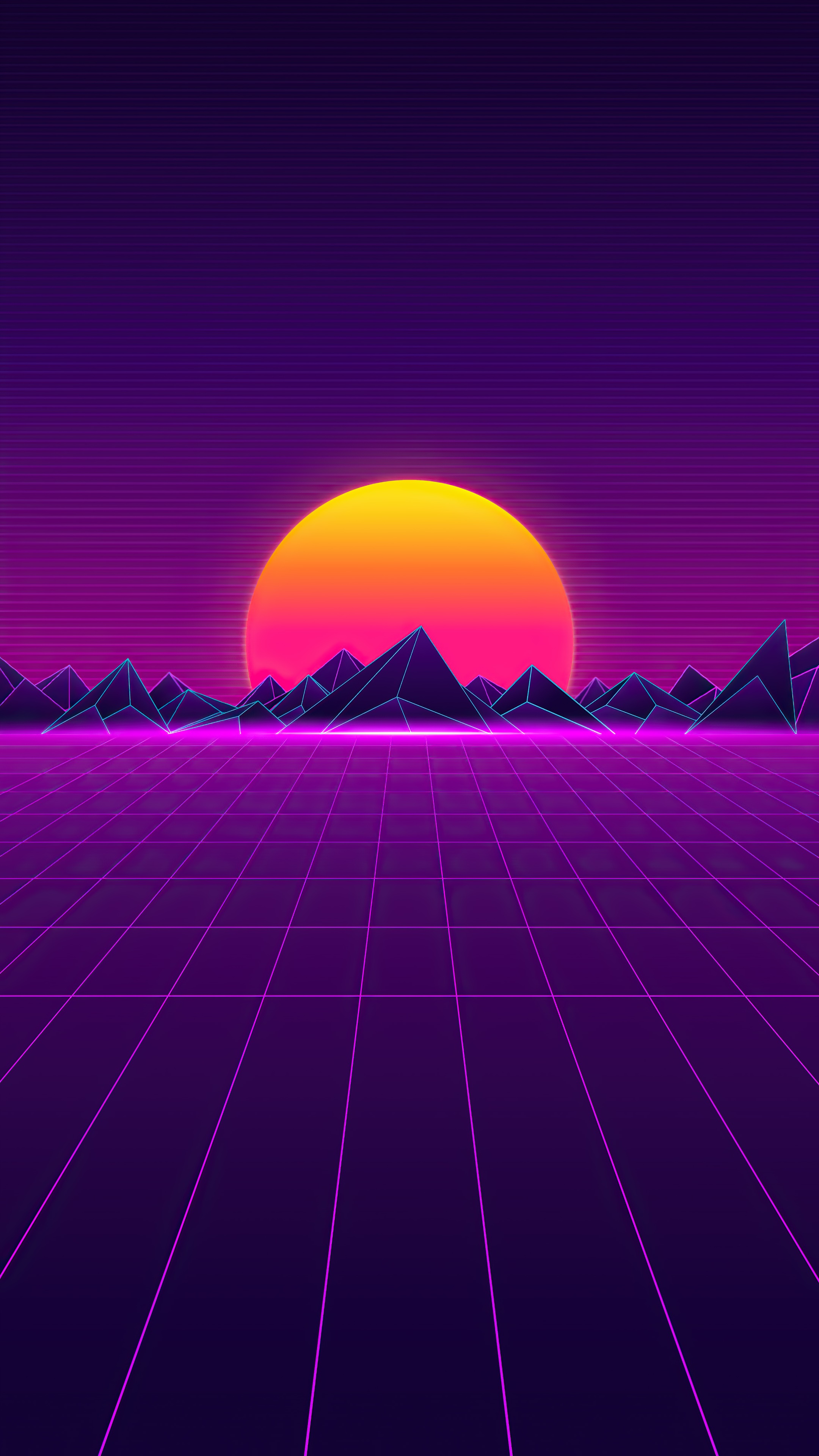 Retrowave sunset over digital mountains and grid HD Phone Wallpaper