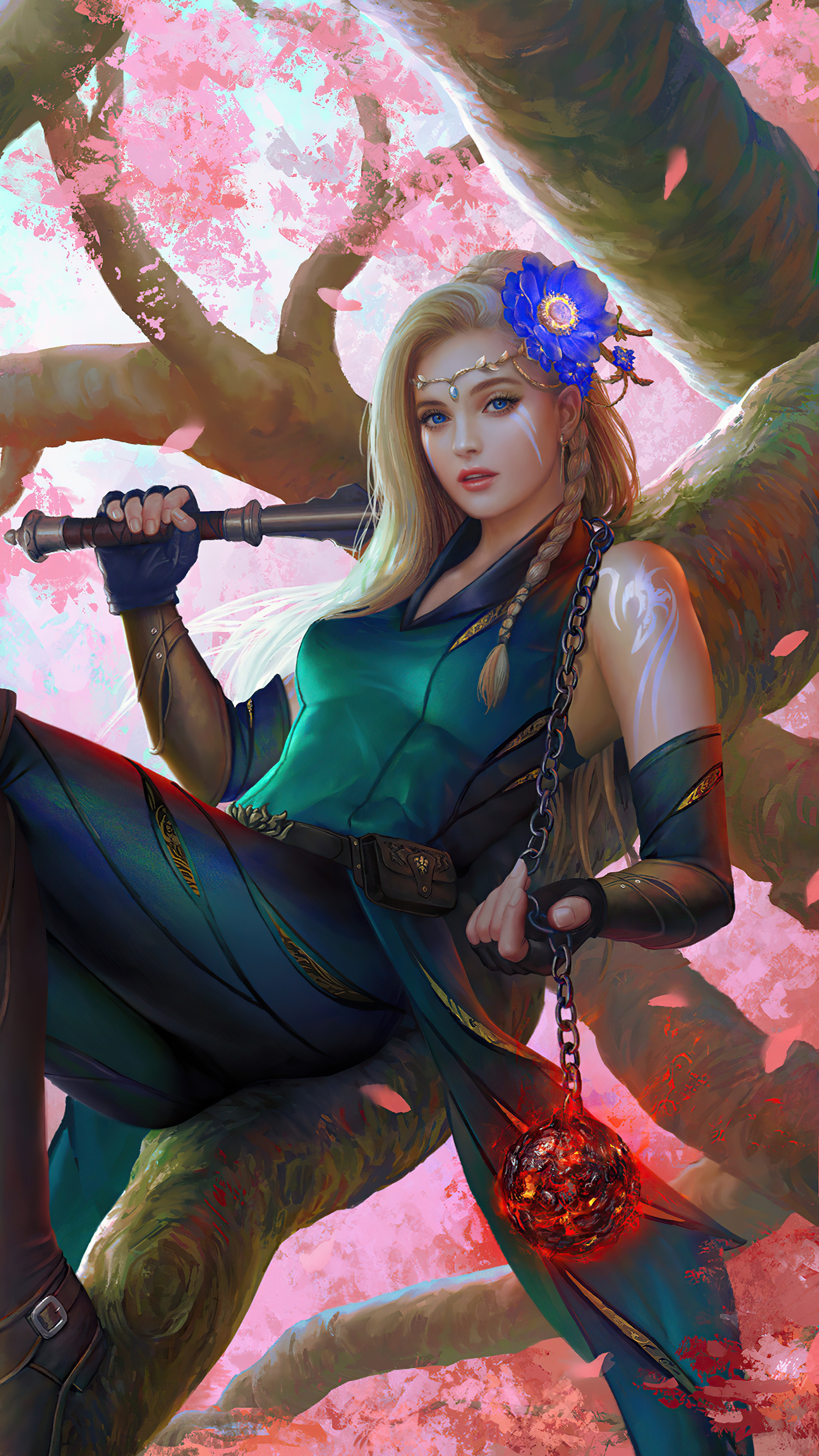 Fantasy woman with sword and flail in cherry blossoms HD Phone Wallpaper