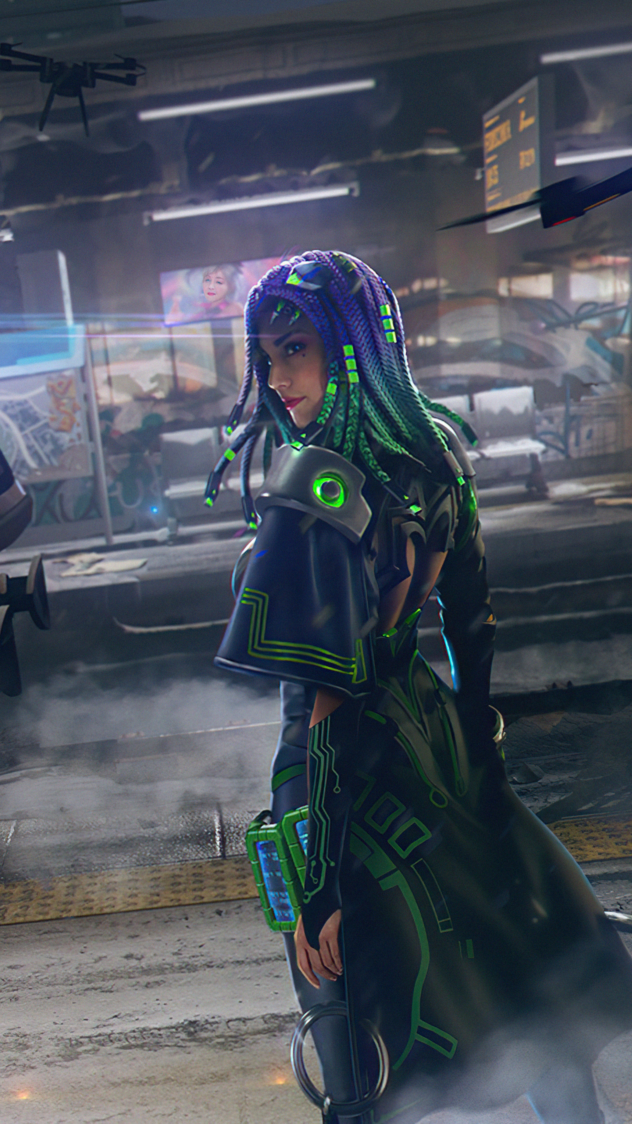 A woman with purple and green hair from Garena Free Fire HD Phone Wallpaper