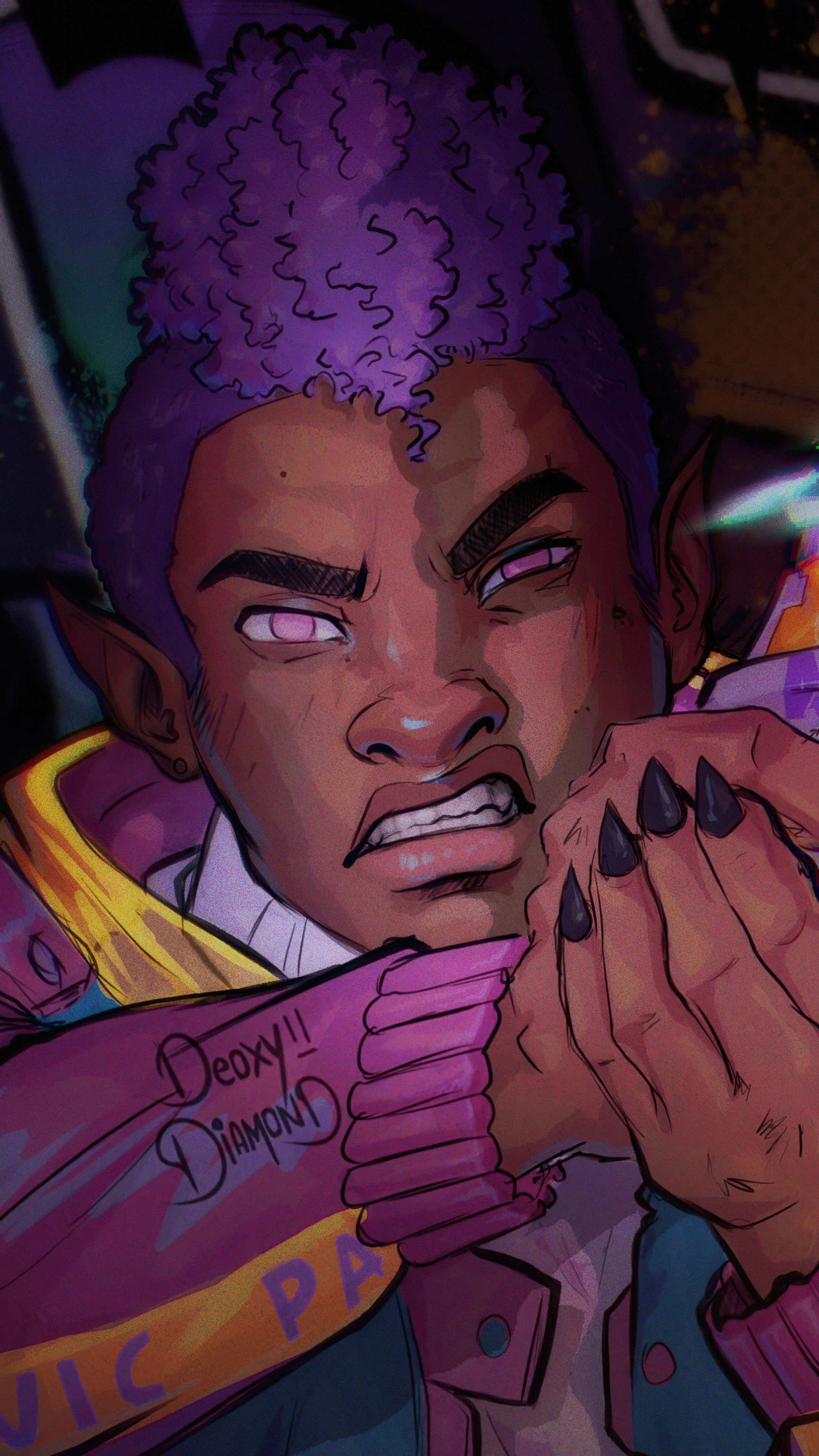 Cyberpunk character with purple hair and fangs HD Phone Wallpaper