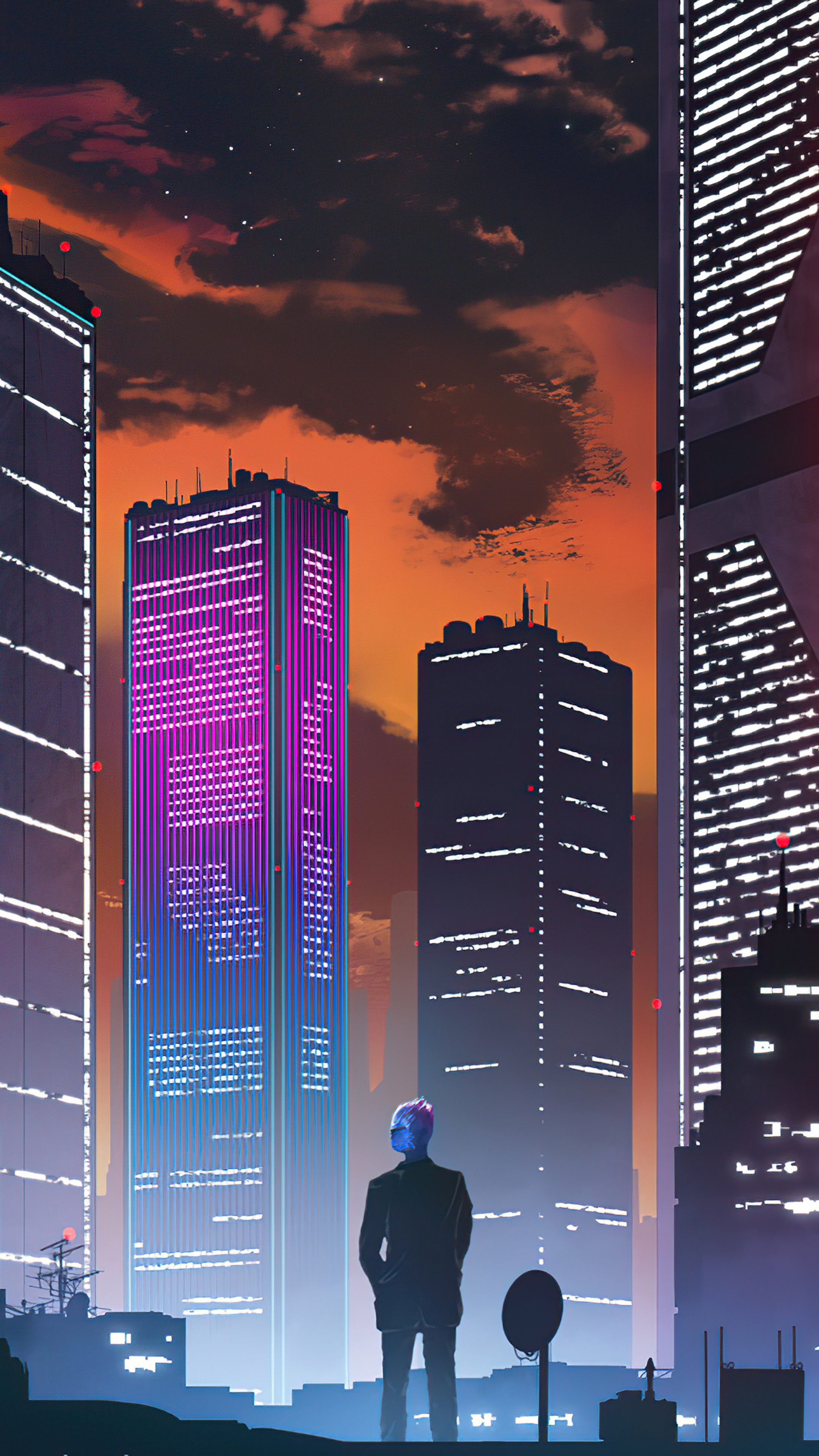 Man in suit looking at neon skyscrapers at sunset HD Phone Wallpaper