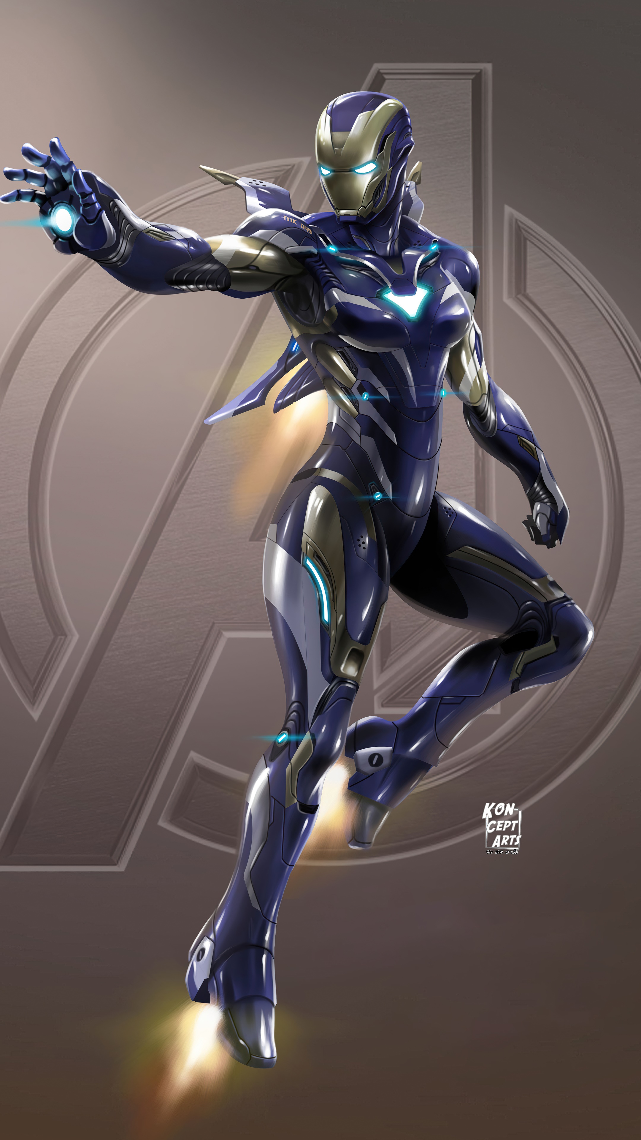 Iron Man suit with Avengers logo background HD Phone Wallpaper