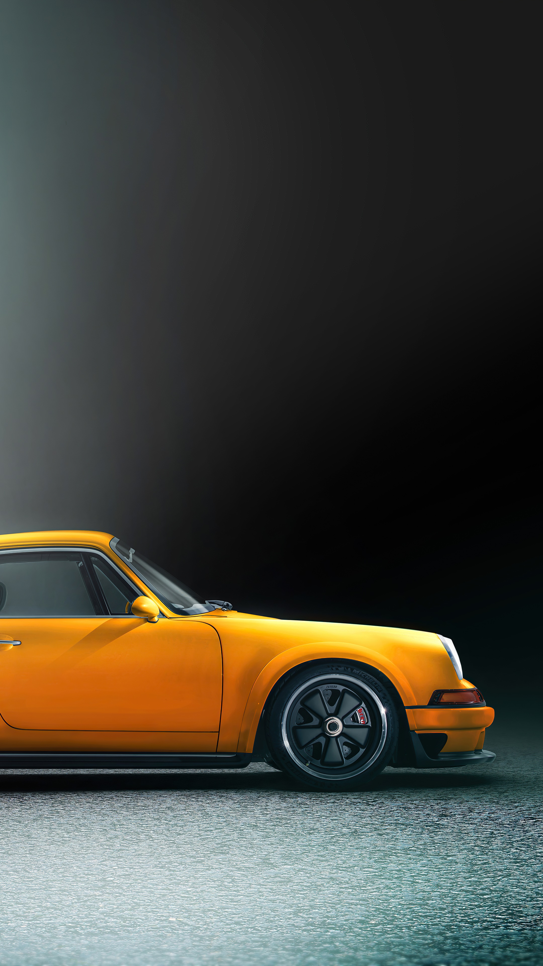 Yellow Porsche 911 Singer on a wet surface HD Phone Wallpaper