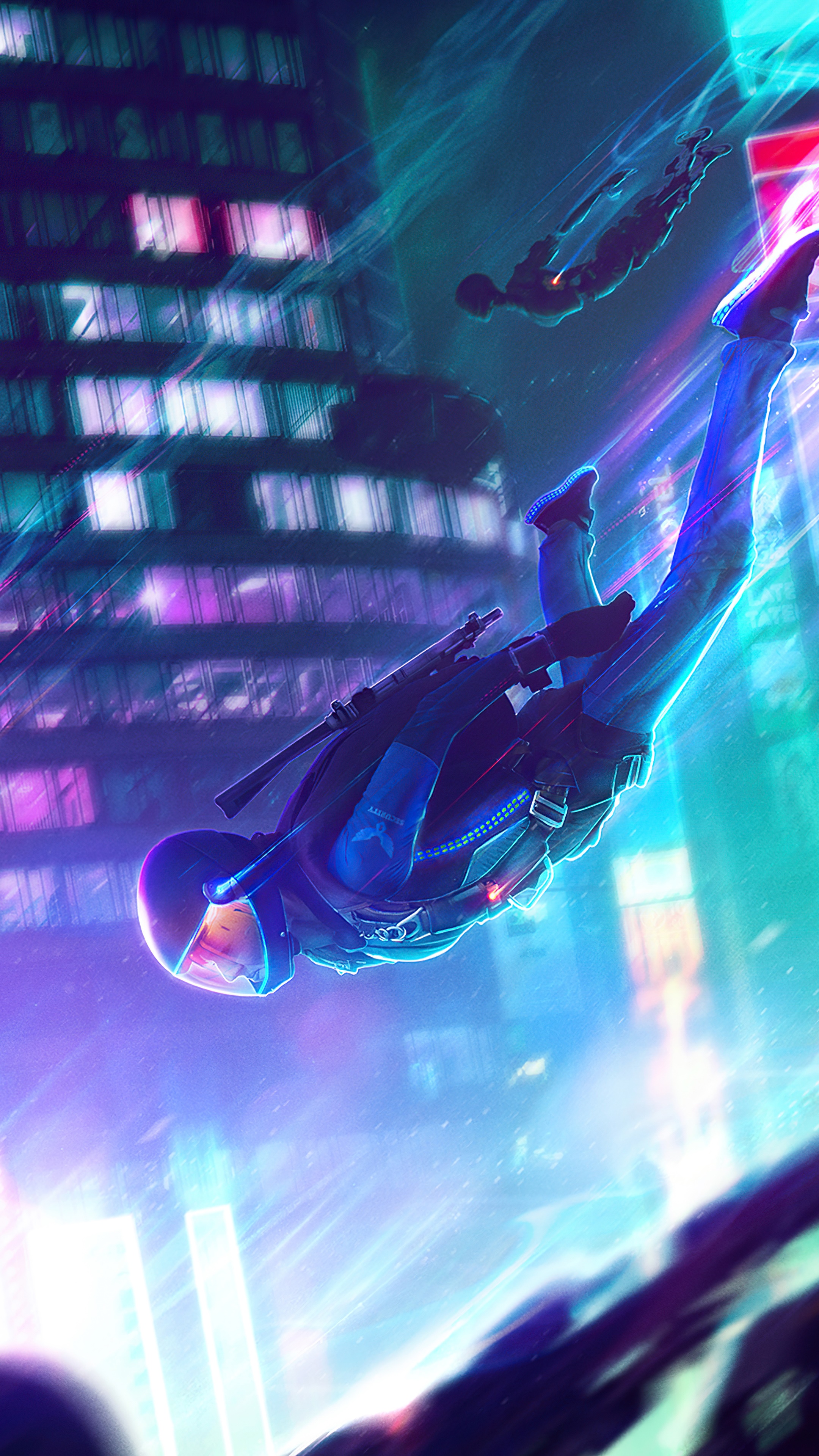 Two people skydiving in a neon city HD Phone Wallpaper
