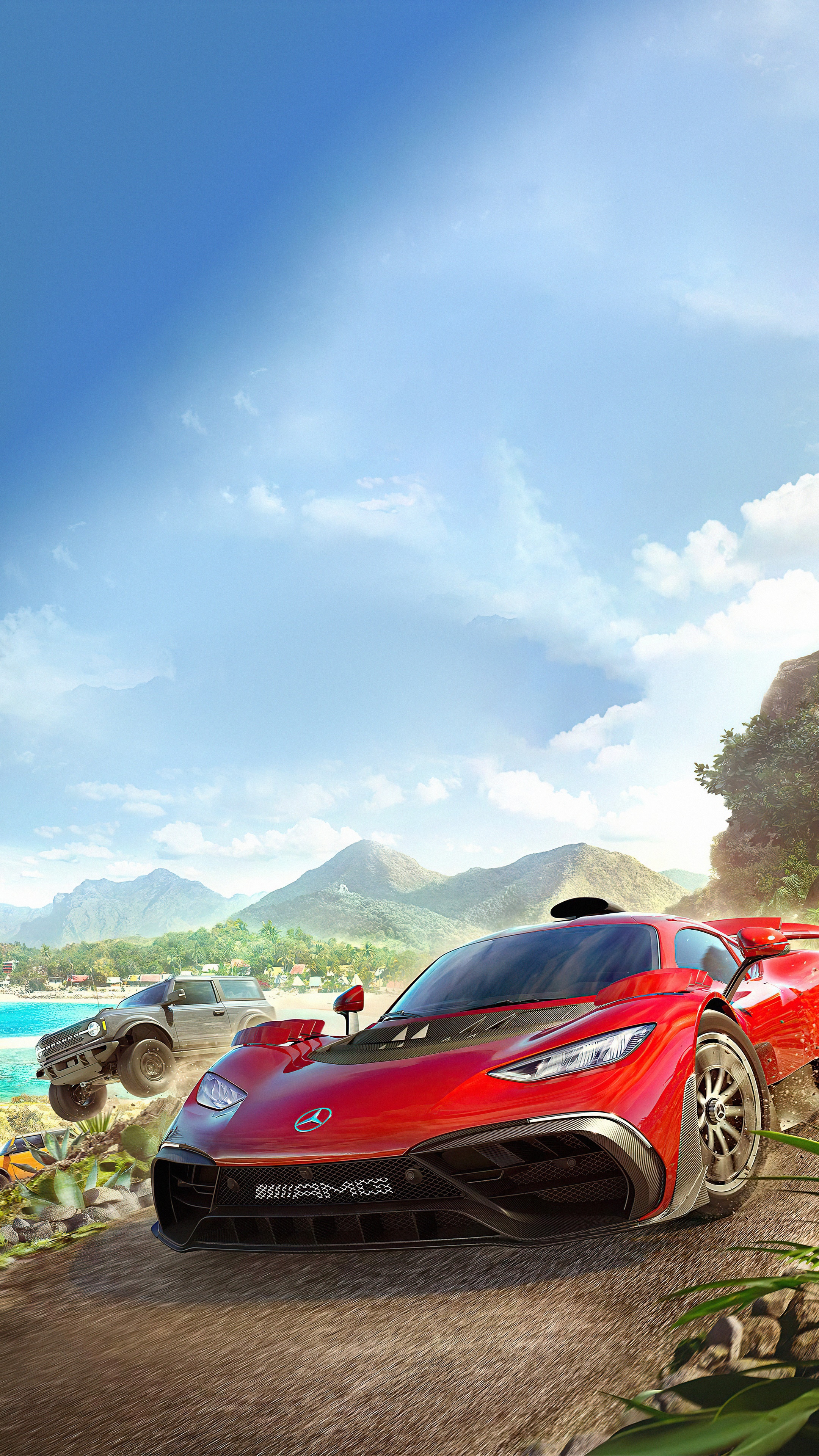 Forza Horizon 5: Red Mercedes-AMG ONE and gray truck HD Phone Wallpaper