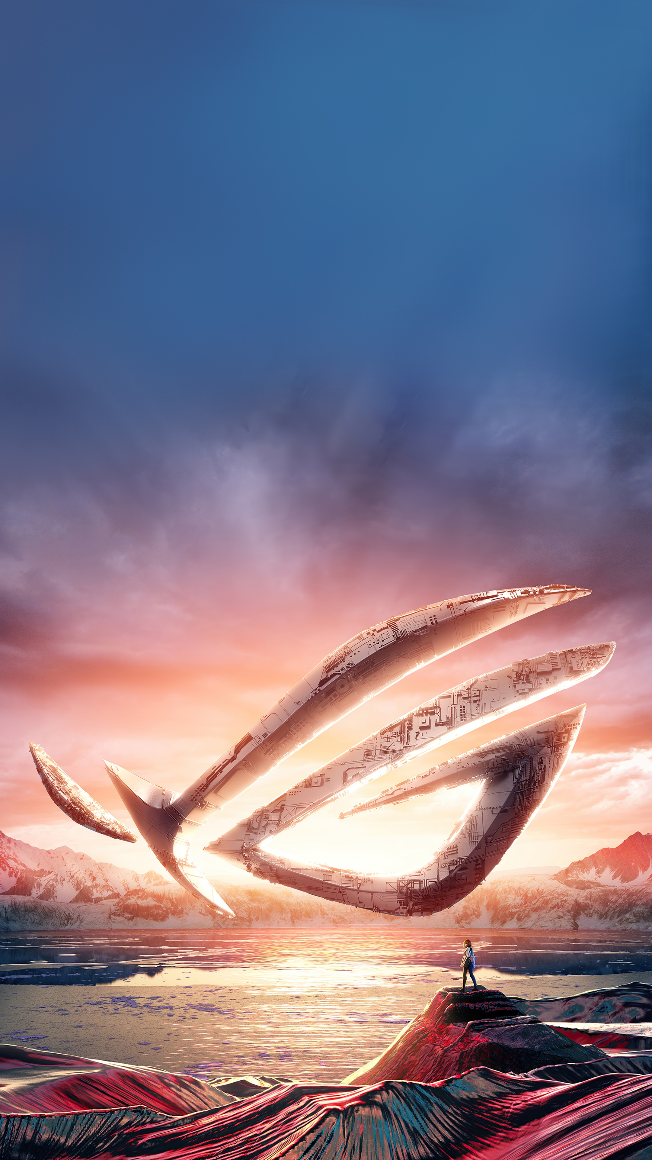 Republic of Gamers logo over a landscape at sunset HD Phone Wallpaper