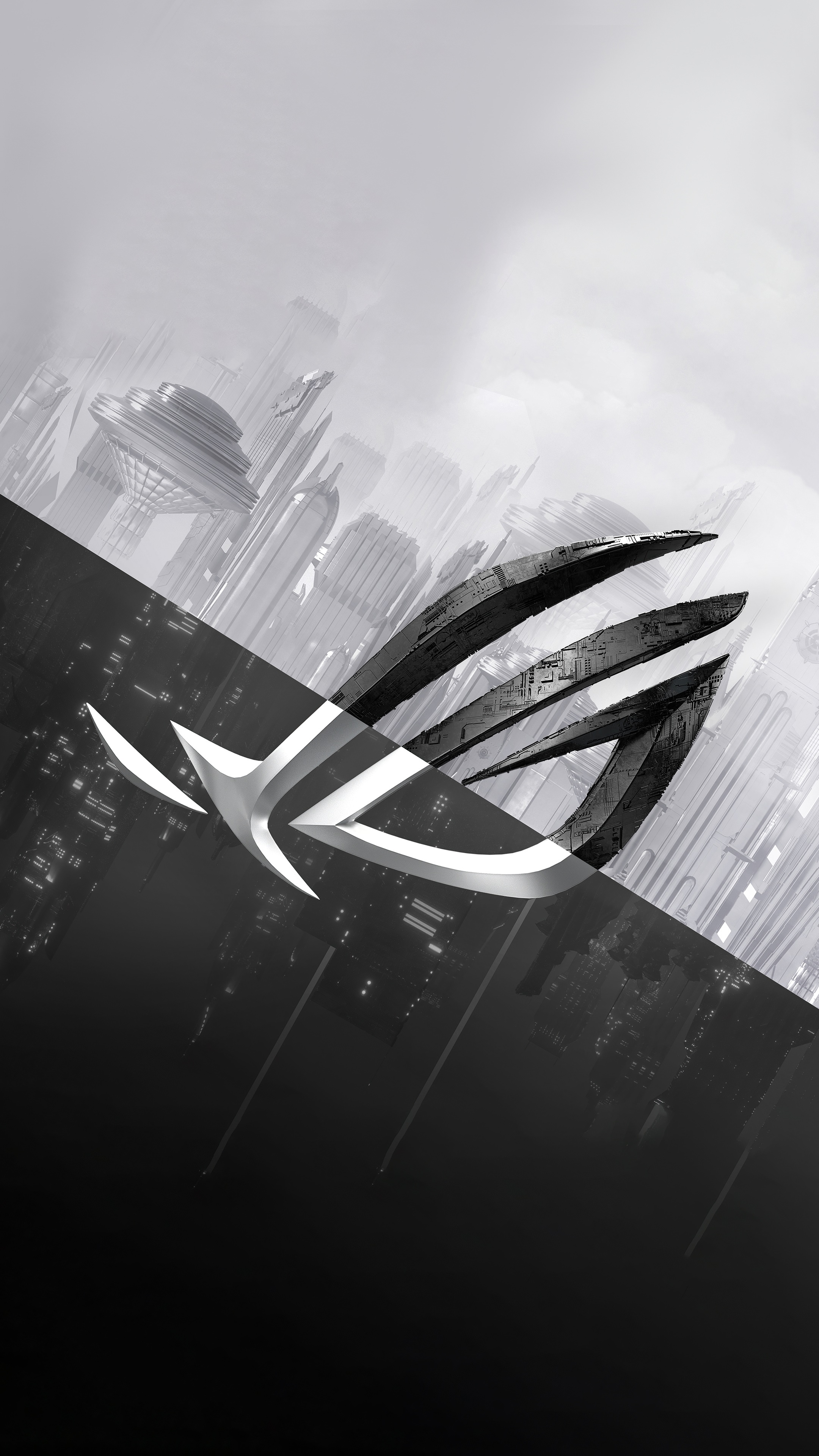 Republic of Gamers logo over futuristic city HD Phone Wallpaper