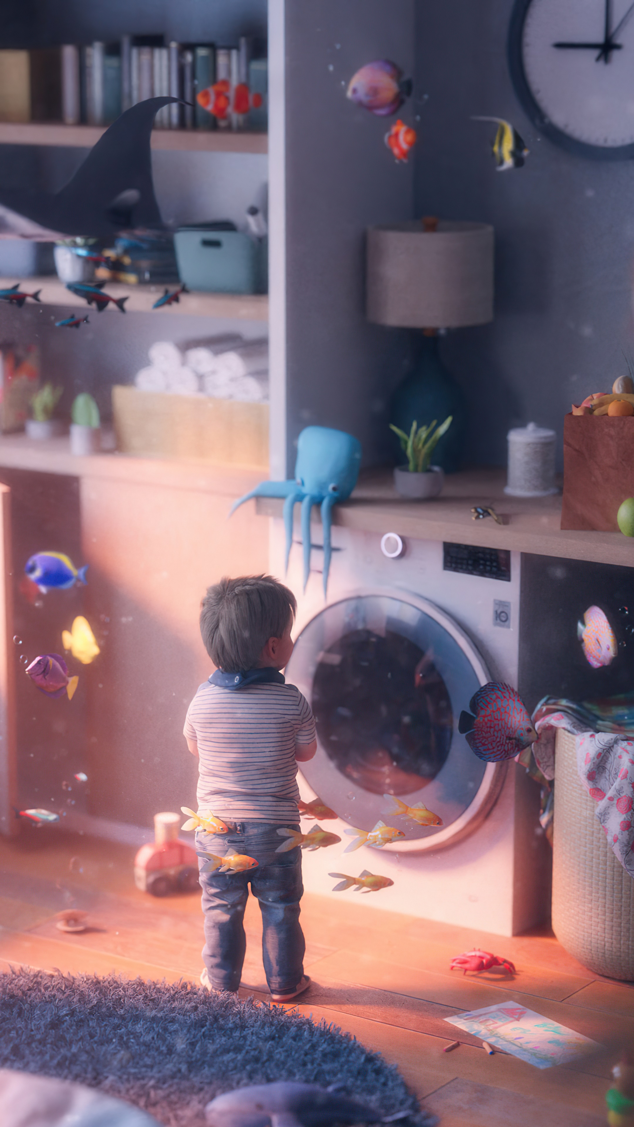Fantasy laundry room with a child and fish HD Phone Wallpaper