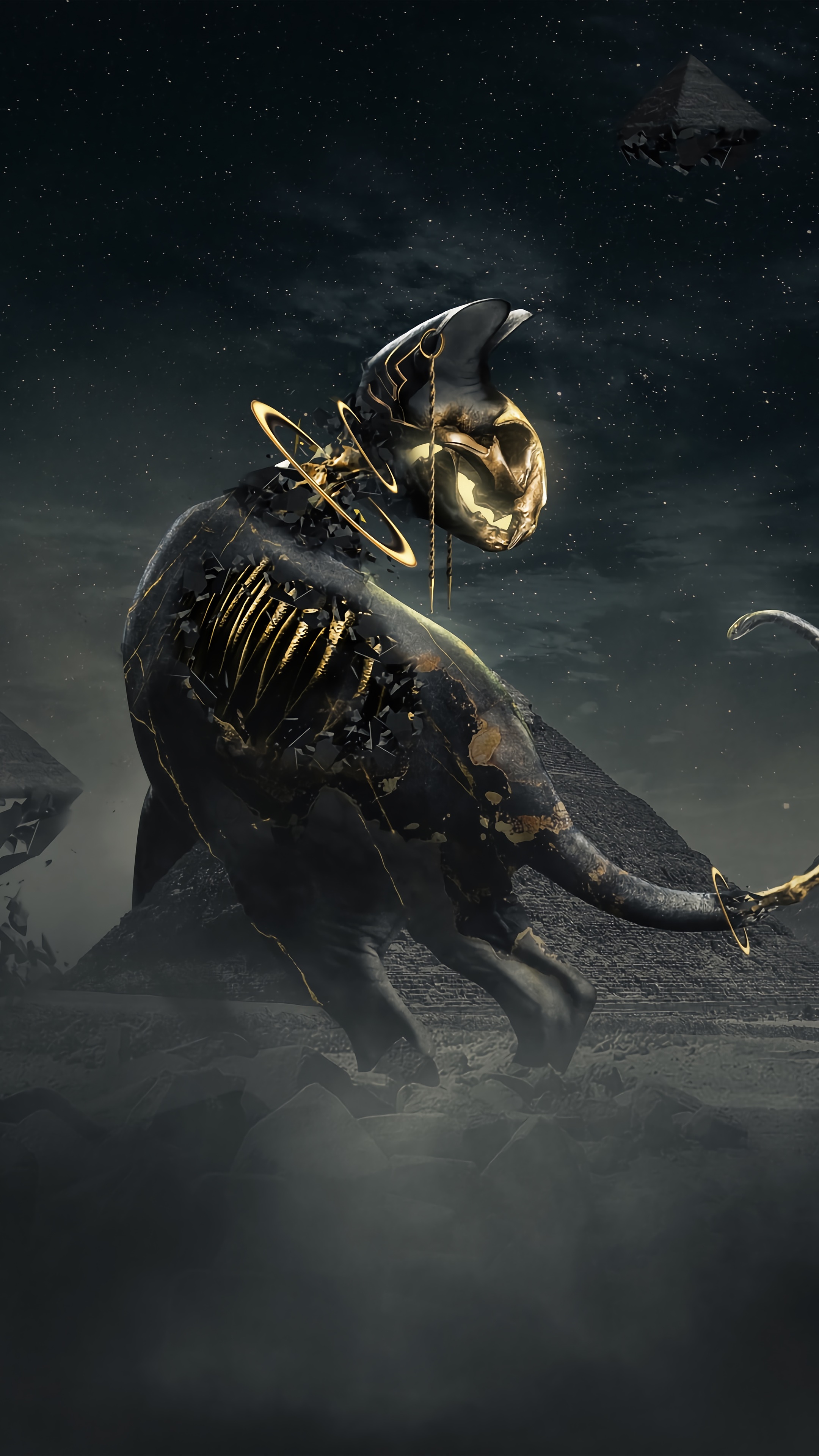 Digital artwork of a skeletal creature with golden accents HD Phone Wallpaper
