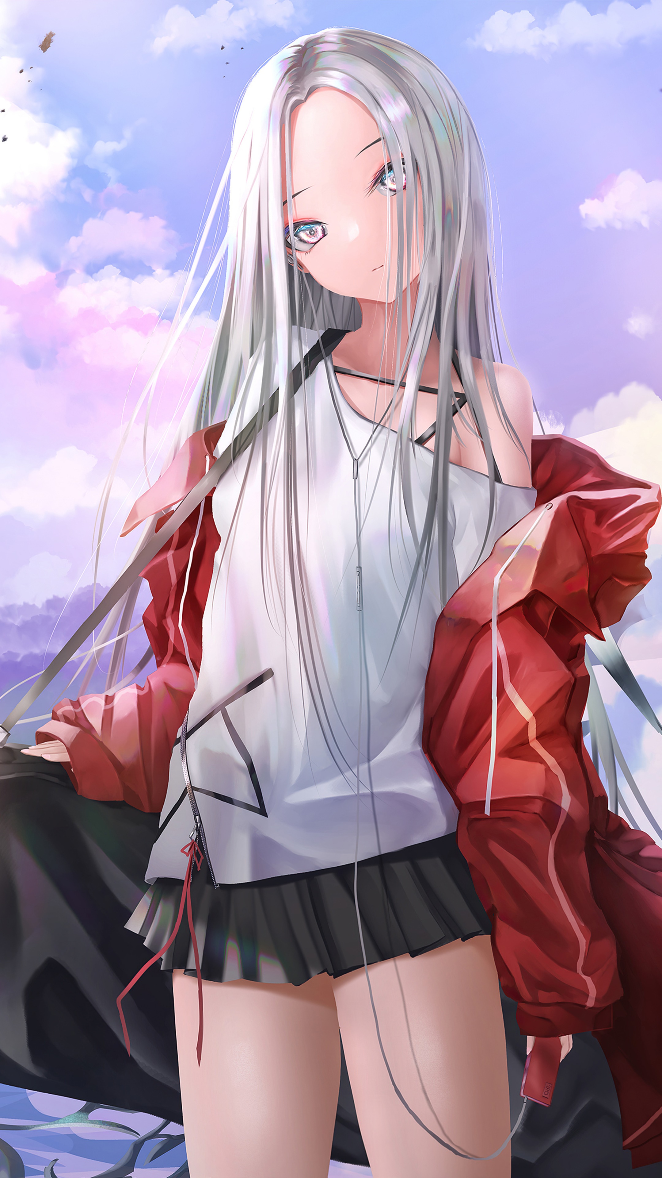 Anime girl with long white hair and red jacket HD Phone Wallpaper