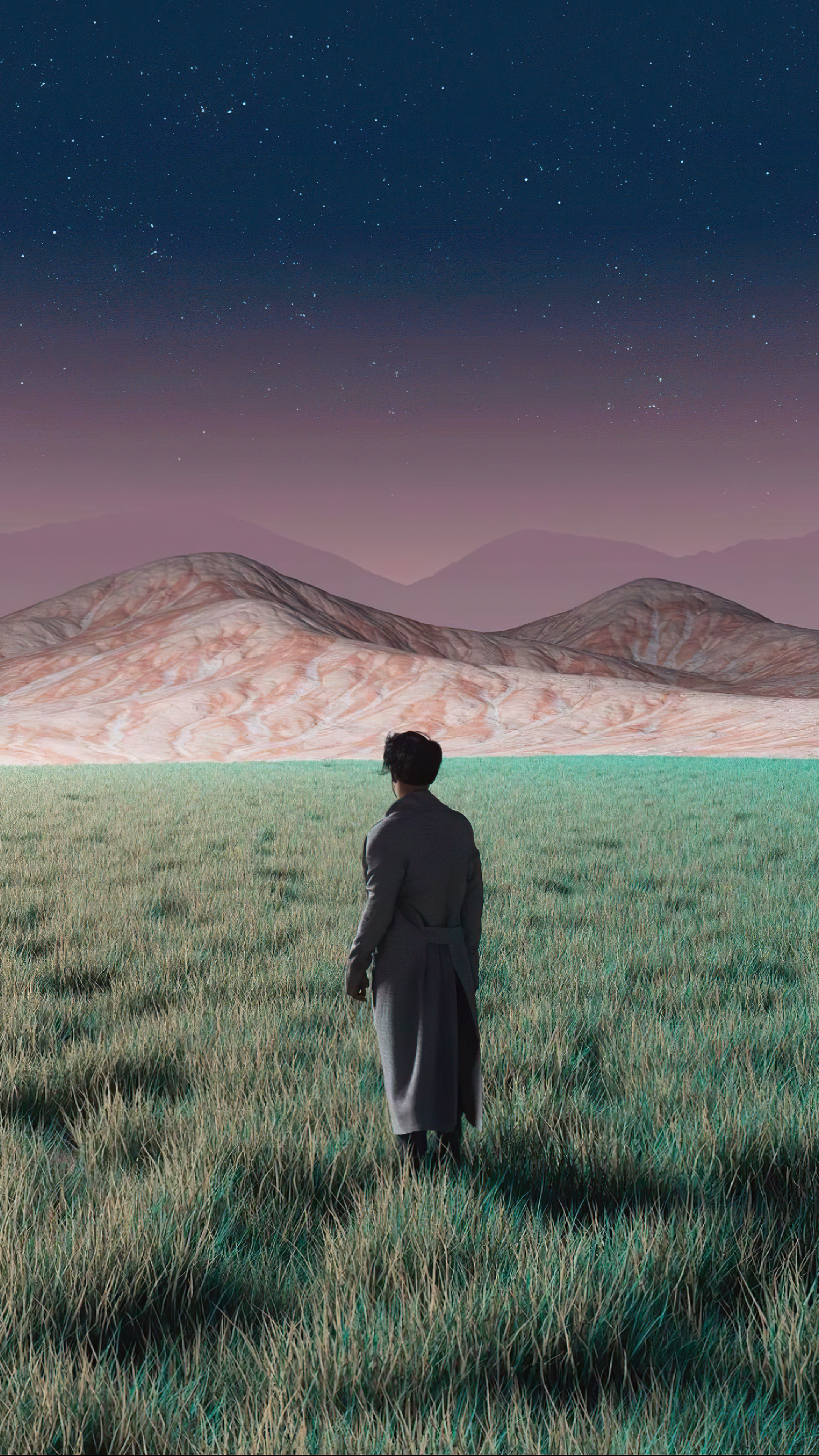 Man in trench coat in field under starry sky HD Phone Wallpaper